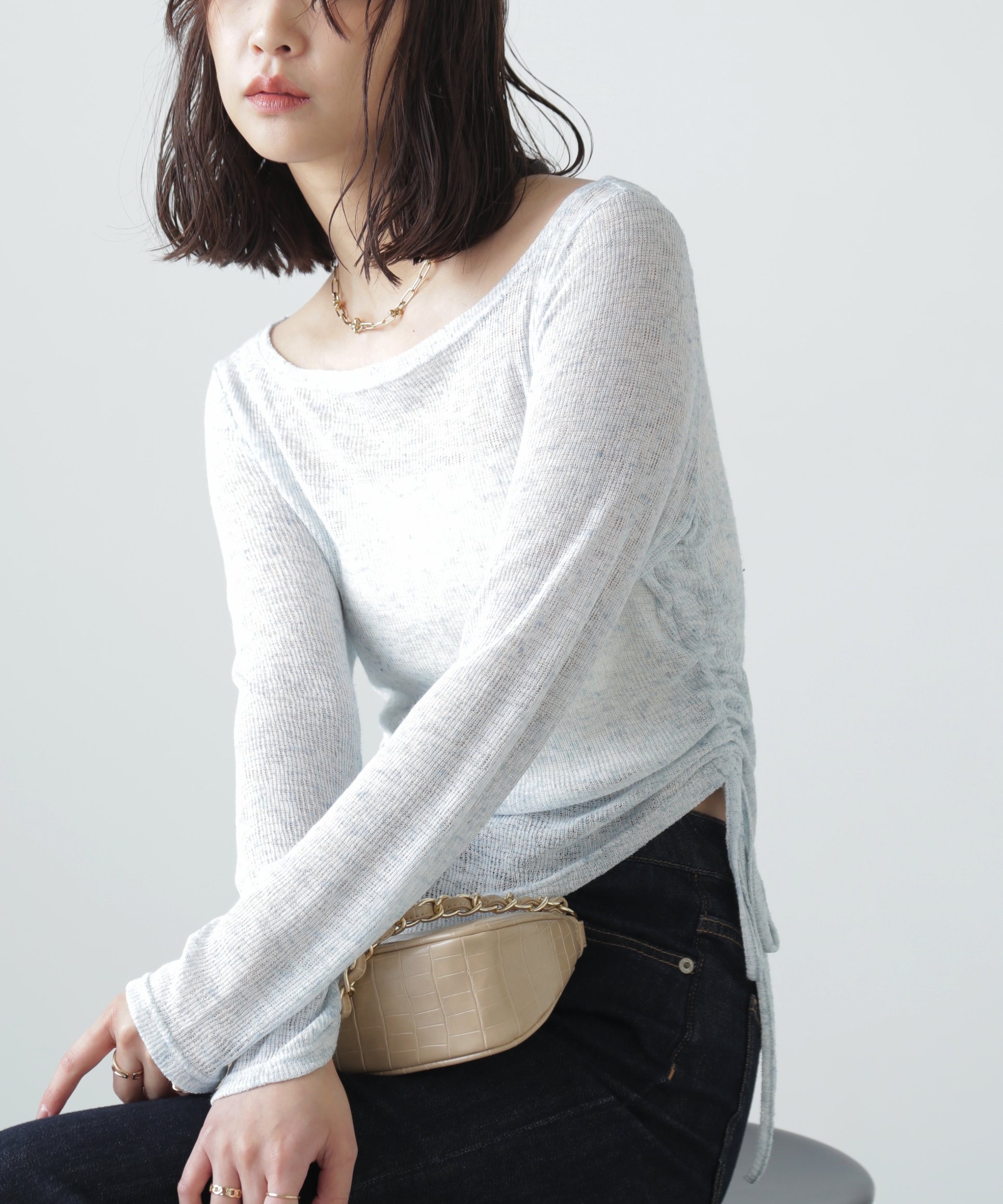 【フリーズマート/FREE'S MART】のメランジドロストシャーリングカットソー インテリア・キッズ・メンズ・レディースファッション・服の通販 founy(ファニー) 　ファッション　Fashion　レディースファッション　Fashion for Women　トップス・カットソー　Cut & Sew Tops　カットソー・ベーシックTシャツ　Cut-and-Sewn Tops / Stretch Tees & Basics　インナー　Innerwear　カットソー　Cut and Sewn Top　カーディガン　Cardigan, Knitwear　シンプル　Simple, Minimal　ジャケット　Jacket, Outerwear　デニム　Denim, Jeans Material　ニットソー　Knit-Sewn, Cut & Sew Knit　バランス　Balance, Style Balance　メランジ　Melange, Mixed Yarn　リボン　Ribbon, Bow　ブルー|ID: prp329100004684991 ipo3291000000033833361