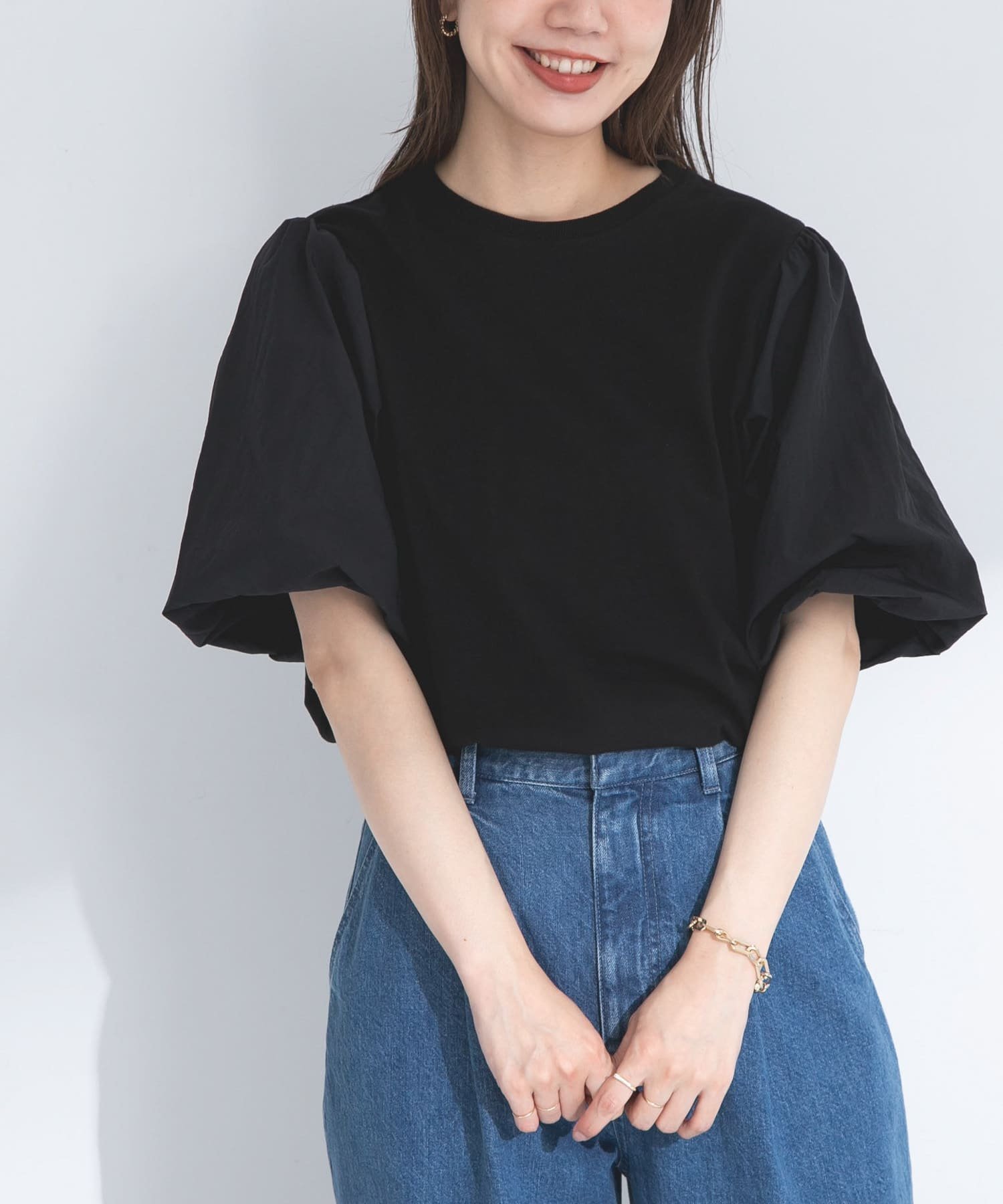 【サニーレーベル/Sonny Label / URBAN RESEARCH】の『WEB/一部店舗限定』異素材バルーンスリーブプルオーバー インテリア・キッズ・メンズ・レディースファッション・服の通販 founy(ファニー) 　ファッション　Fashion　レディースファッション　Fashion for Women　トップス・カットソー　Cut & Sew Tops　カジュアルプルオーバー・ニットトップス　Pullovers & Knit Tops / Casual Pullovers　2025年　2025　2025春夏・S/S　Spring/Summer 2025 SS25　インナー　Innerwear　カットソー　Cut and Sewn Top　キャミワンピース　Cami Dress, Slip Dress　サロペット　Overalls, Salopette　バルーン　Balloon, Balloon Silhouette　ボトム　Bottoms, Lower Wear　ワイド　Wide, Wide Fit　夏　Summer　S/S・春夏　SS, Spring/Summer, Warm Season　ブラック|ID: prp329100004685003 ipo3291000000033833414