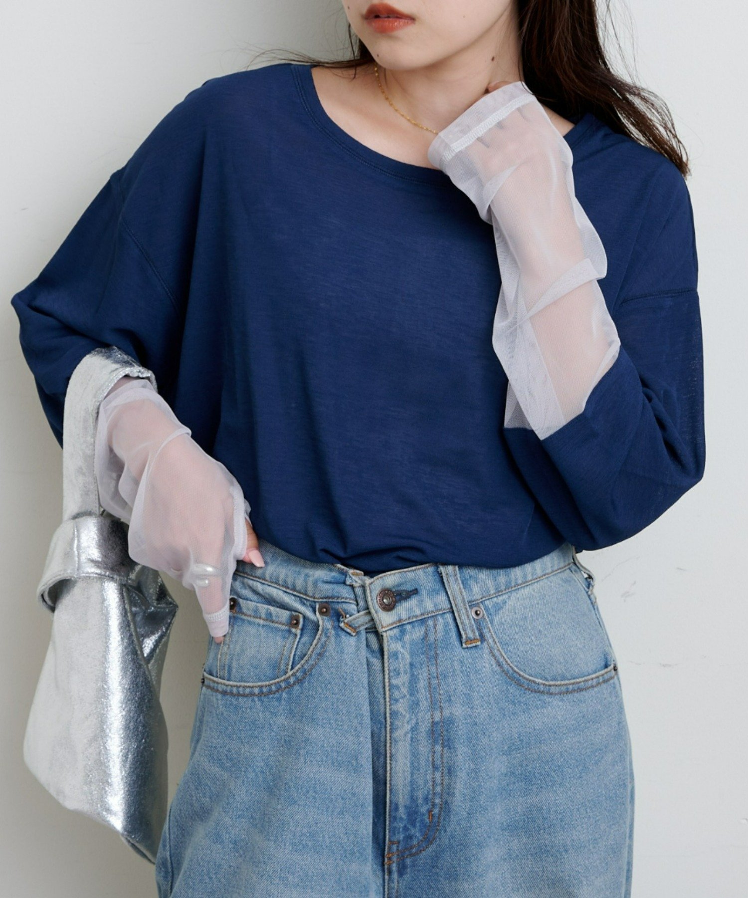 【チャオパニックティピー/CIAOPANIC TYPY】の【新色追加】袖切替シアーアソートTEE インテリア・キッズ・メンズ・レディースファッション・服の通販 founy(ファニー) 　ファッション　Fashion　レディースファッション　Fashion for Women　トップス・カットソー　Cut & Sew Tops　インナー　Innerwear　キャミワンピース　Cami Dress, Slip Dress　切替　Switching, Contrast Panel　サロペット　Overalls, Salopette　シアー　Sheer, See-Through　シンプル　Simple, Minimal　チュール　Tulip, Tulip Motif　ルーズ　Loose, Oversized　ロング　Long, Long-Length　再入荷　Restock / Back in Stock　おすすめ　Recommended / Our Picks　ネイビー|ID: prp329100004685292 ipo3291000000033835356
