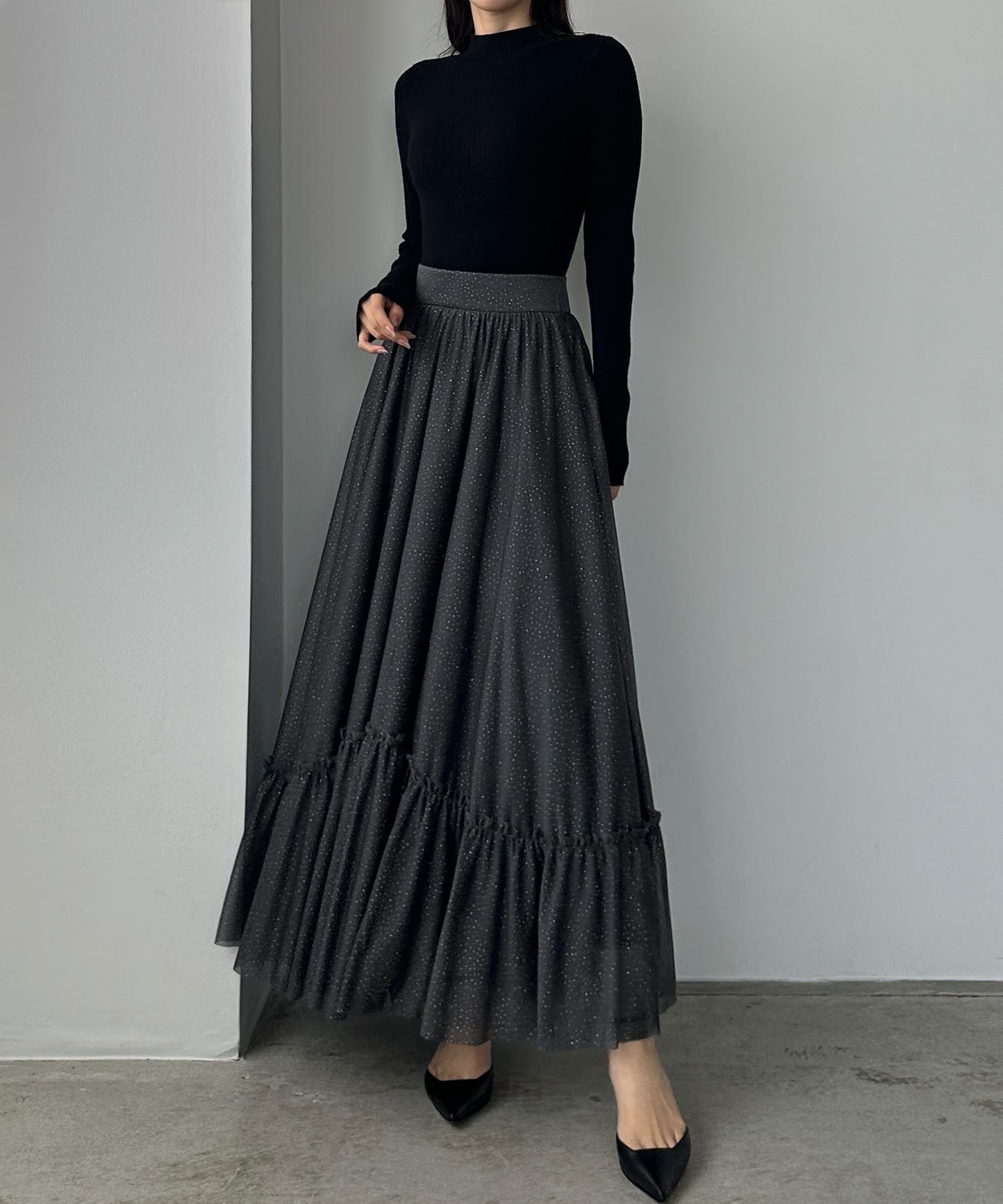 【ジュノア/JUNOAH】のLouere ラメフレアチュールスカート インテリア・キッズ・メンズ・レディースファッション・服の通販 founy(ファニー) 　ファッション　Fashion　レディースファッション　Fashion for Women　スカート　Skirts　チャコール|ID: prp329100004685328 ipo3291000000033835498