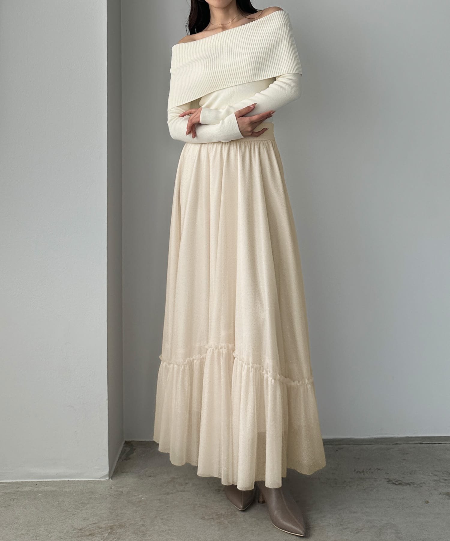 【ジュノア/JUNOAH】のLouere ラメフレアチュールスカート インテリア・キッズ・メンズ・レディースファッション・服の通販 founy(ファニー) 　ファッション　Fashion　レディースファッション　Fashion for Women　スカート　Skirts　アイボリー|ID: prp329100004685328 ipo3291000000033835500