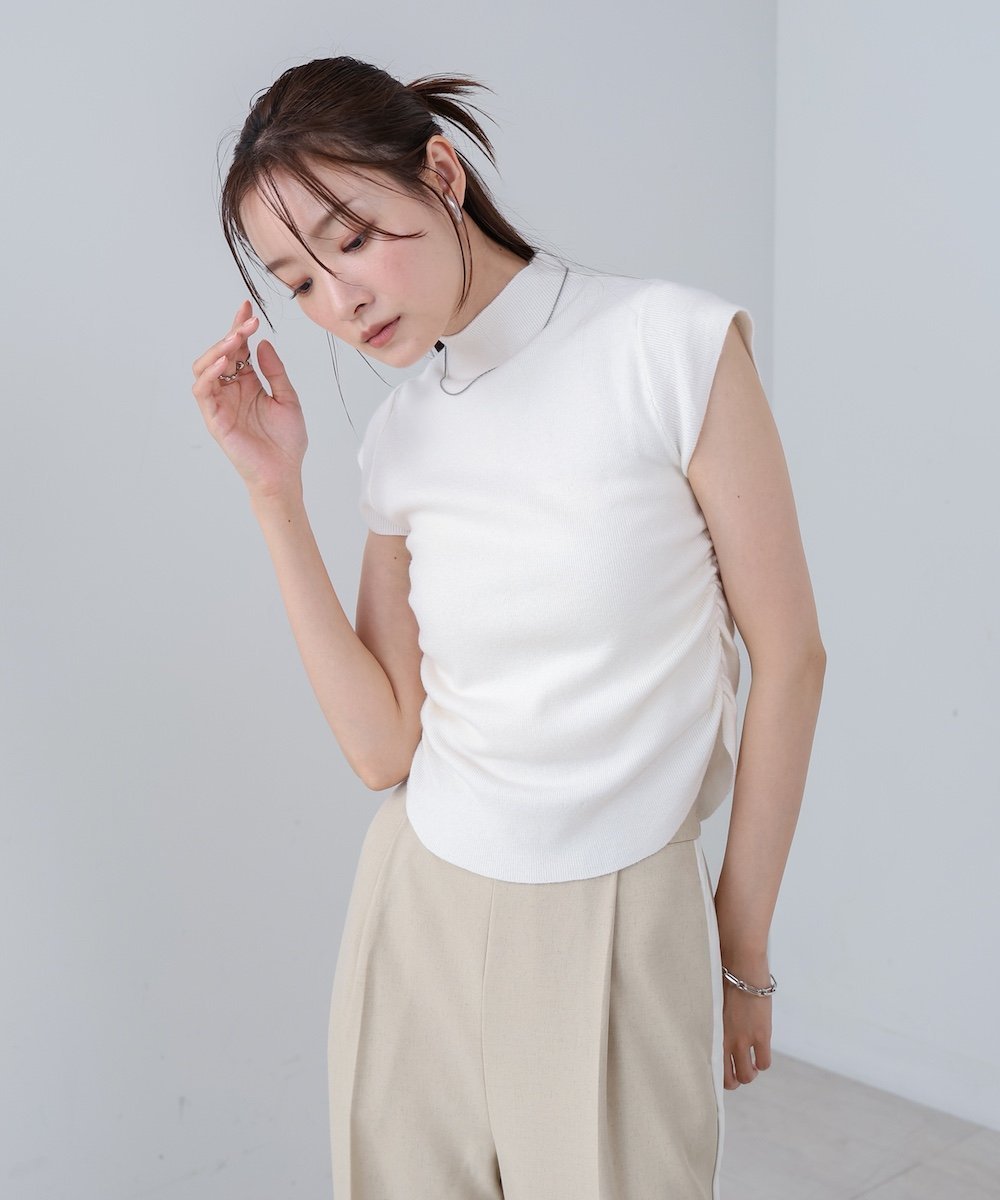 【バブ ブージュルード/Bab Bou Jeloud】のサイドギャザープチハイネックトップス 人気、トレンドファッション・服の通販 founy(ファニー) 　ファッション　Fashion　レディースファッション　Fashion for Women　トップス・カットソー　Cut & Sew Tops　おすすめ　Recommended / Our Picks　ギャザー　Gathered, Ruffled　サテン　Satin, Glossy Fabric　スラックス　Slacks, Dress Pants　スリーブ　Sleeve, Long Sleeve / Short Sleeve　デニム　Denim, Jeans Material　フレンチ　French, French Style　エレガント 上品　Elegant　人気　Popular, Best Seller　夏　Summer　秋　Autumn　 other-1|ID: prp329100004685379 ipo3291000000033835717