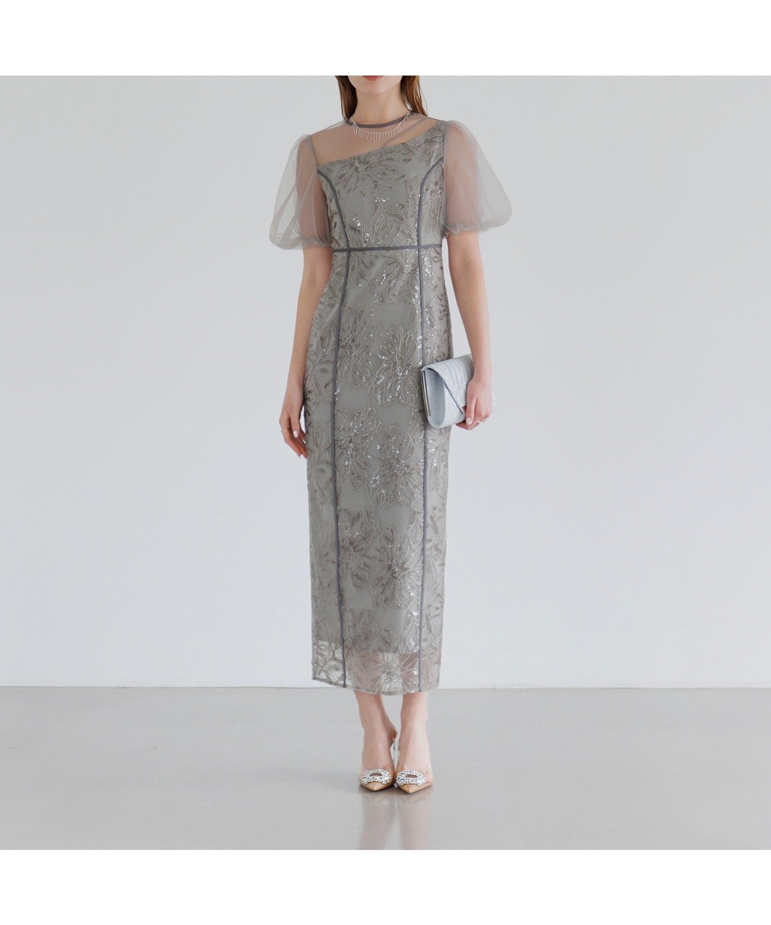 【レジャ/Leja】のLEJA-アシンメトリーシアー花柄ワンピースドレス 結婚式 レディース インテリア・キッズ・メンズ・レディースファッション・服の通販 founy(ファニー) 　ファッション　Fashion　レディースファッション　Fashion for Women　ワンピース　Dresses　フォーマル・パーティードレス・結婚式用ドレス　Elegant & Casual Dresses　アシンメトリー　Asymmetrical Style　オケージョン　Occasion Wear　クラシカル　Classical, Vintage-Inspired　シンプル　Simple, Minimal　スパンコール　Sequins, Sequin Embellishment　チュール　Tulip, Tulip Motif　ドレス　Dress, One-Piece　フォーマル　Formal, Dressy　マーメイド　Mermaid, Fishtail Silhouette　結婚式　Wedding　披露宴　Wedding Reception　二次会　After Party　GRAY|ID: prp329100004685399 ipo3291000000033835853