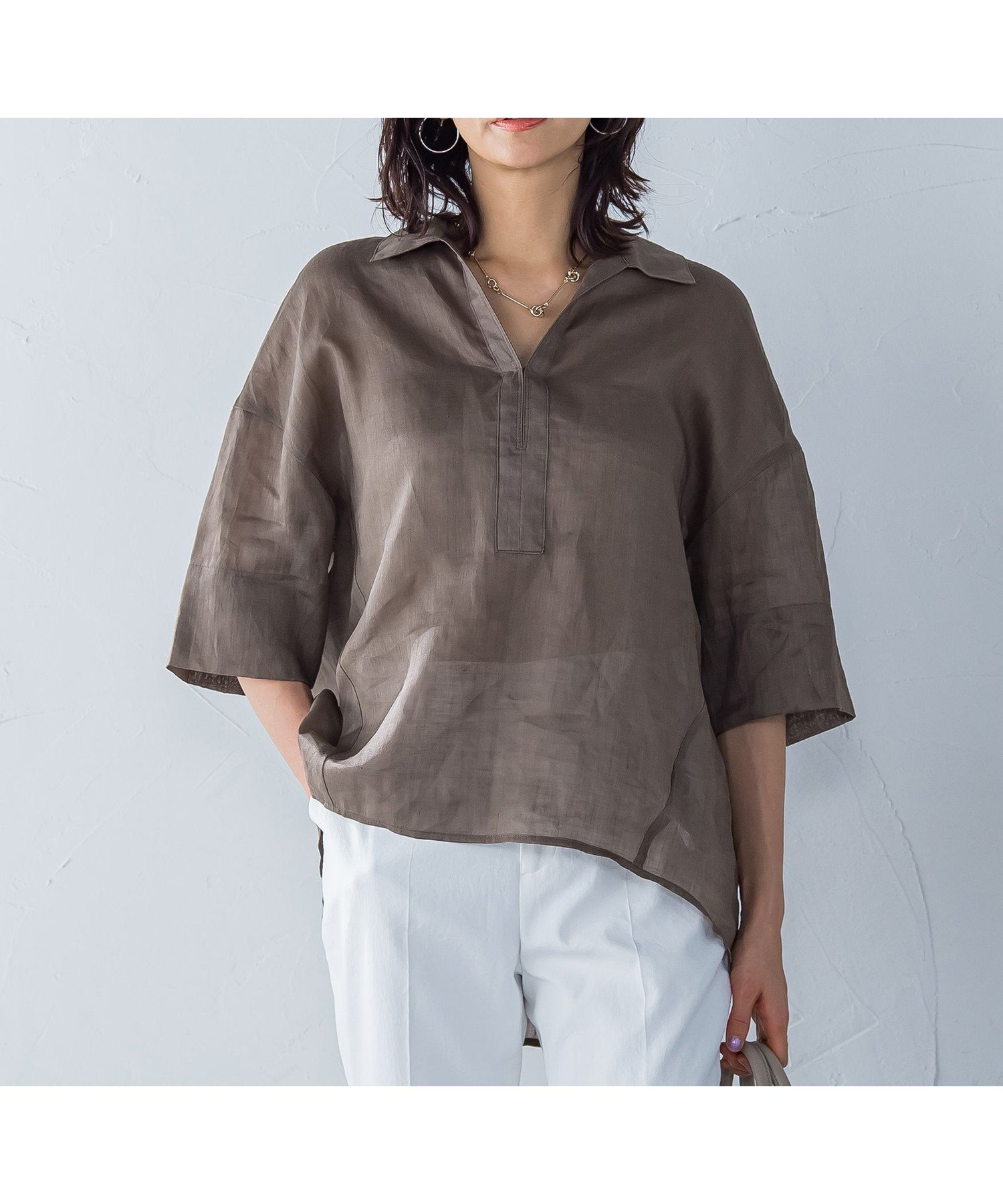 【ロートレ アモン/LAUTRE AMONT】のシアーリネンVネックブラウス≪手洗い可能≫ インテリア・キッズ・メンズ・レディースファッション・服の通販 founy(ファニー) 　ファッション　Fashion　レディースファッション　Fashion for Women　トップス・カットソー　Cut & Sew Tops　シャツ・ブラウス・オフィスカジュアル　Elegant Blouses & Button-Ups　Vネックトップス　V-Neck Tops / V-Cut Neckline Shirts　おすすめ　Recommended / Our Picks　インナー　Innerwear　スクエア　Square, Square Shape　デコルテ　Décolleté, Neckline　リネン　Linen, Linen Fabric　夏　Summer　ブラウン|ID: prp329100004685403 ipo3291000000033835886