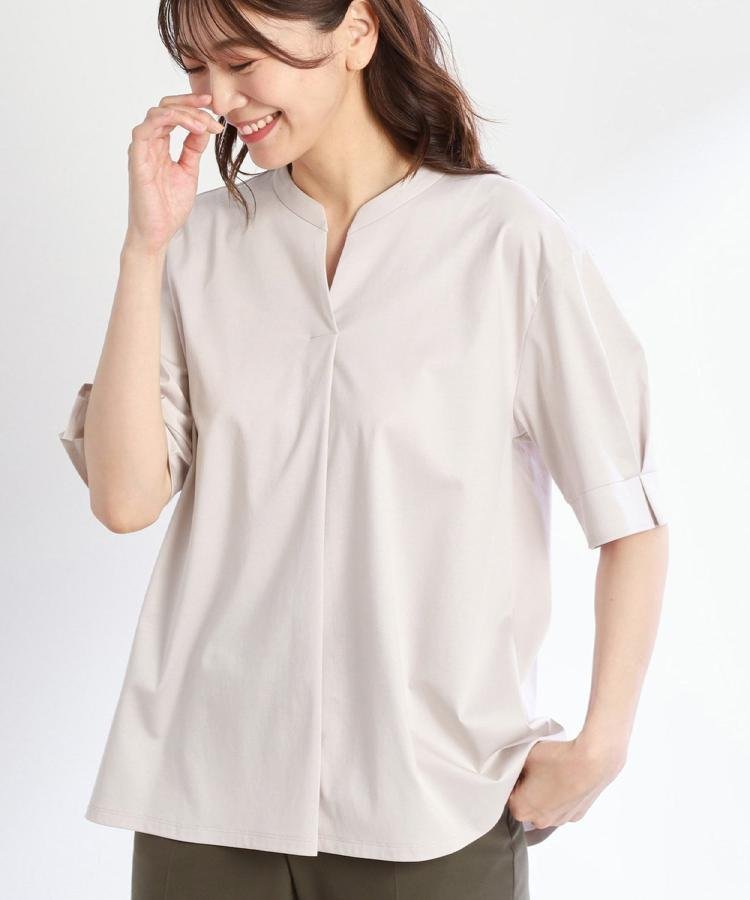 【リフレクト/Reflect】の【すっきり見え!長め丈/接触冷感/マシンウォッシュ可】スキッパーネックジャージトップス インテリア・キッズ・メンズ・レディースファッション・服の通販 founy(ファニー) 　ファッション　Fashion　レディースファッション　Fashion for Women　トップス・カットソー　Cut & Sew Tops　シルケット　Silket, Silky Cotton　スキッパー　Skipper, Open Collar　スーピマ　Supima, Premium Cotton　フレア　Flare, Flared　ベーシック　Basic, Essential　グレージュ|ID: prp329100004685414 ipo3291000000033835954