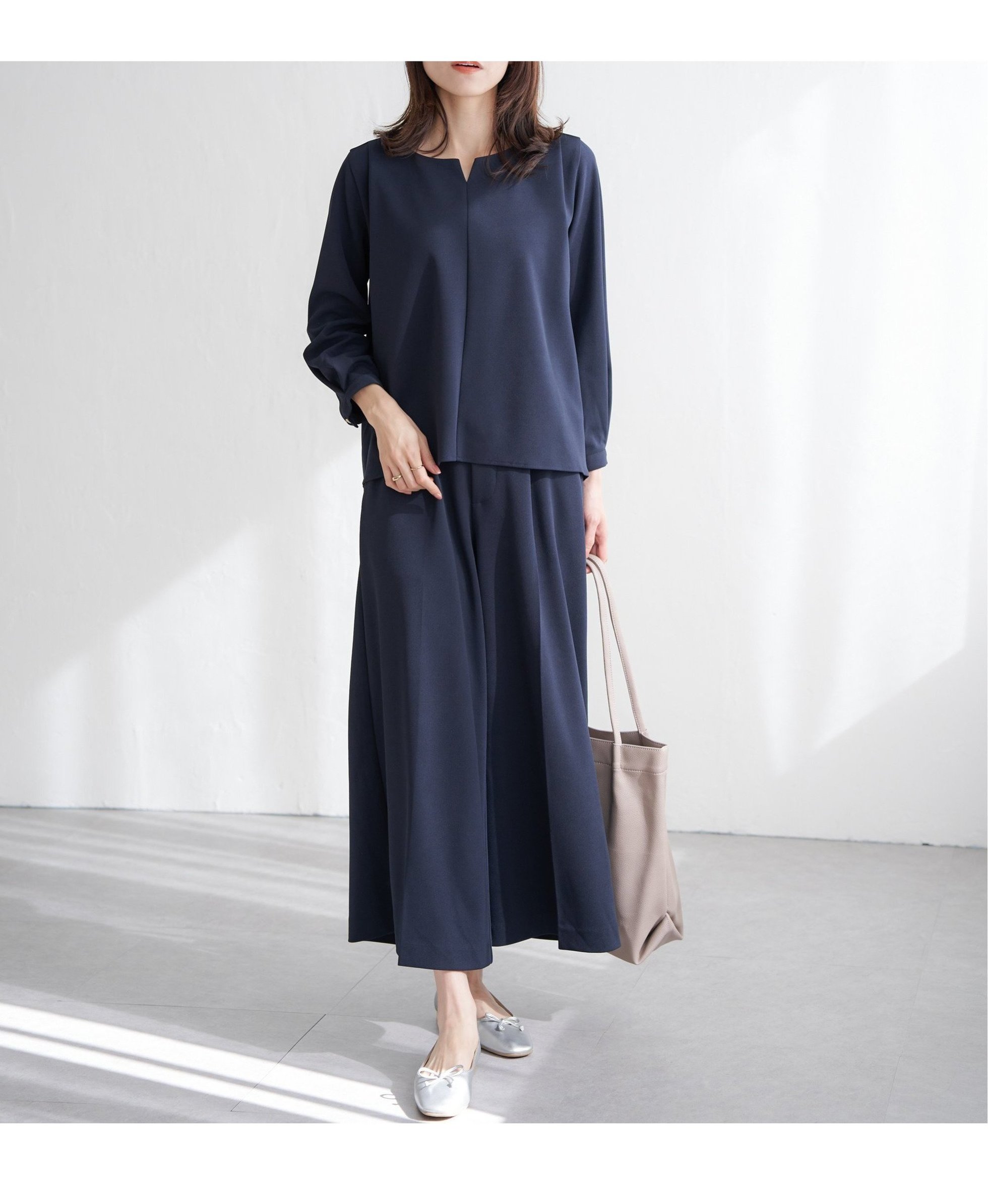 【イッカ/ikka】のGOKU楽 長袖フレアセット インテリア・キッズ・メンズ・レディースファッション・服の通販 founy(ファニー) 　ファッション　Fashion　レディースファッション　Fashion for Women　トップス・カットソー　Cut & Sew Tops　カットソー　Cut and Sewn Top　ジョーゼット　Georgette, Semi-Sheer Fabric　ストレッチ　Stretch, Stretchy Fabric　セットアップ　Set-Up, Coordinated Outfit　フレア　Flare, Flared　エレガント 上品　Elegant　長袖　Long Sleeve, Full Sleeve　ネイビーブルー|ID: prp329100004685420 ipo3291000000033836017
