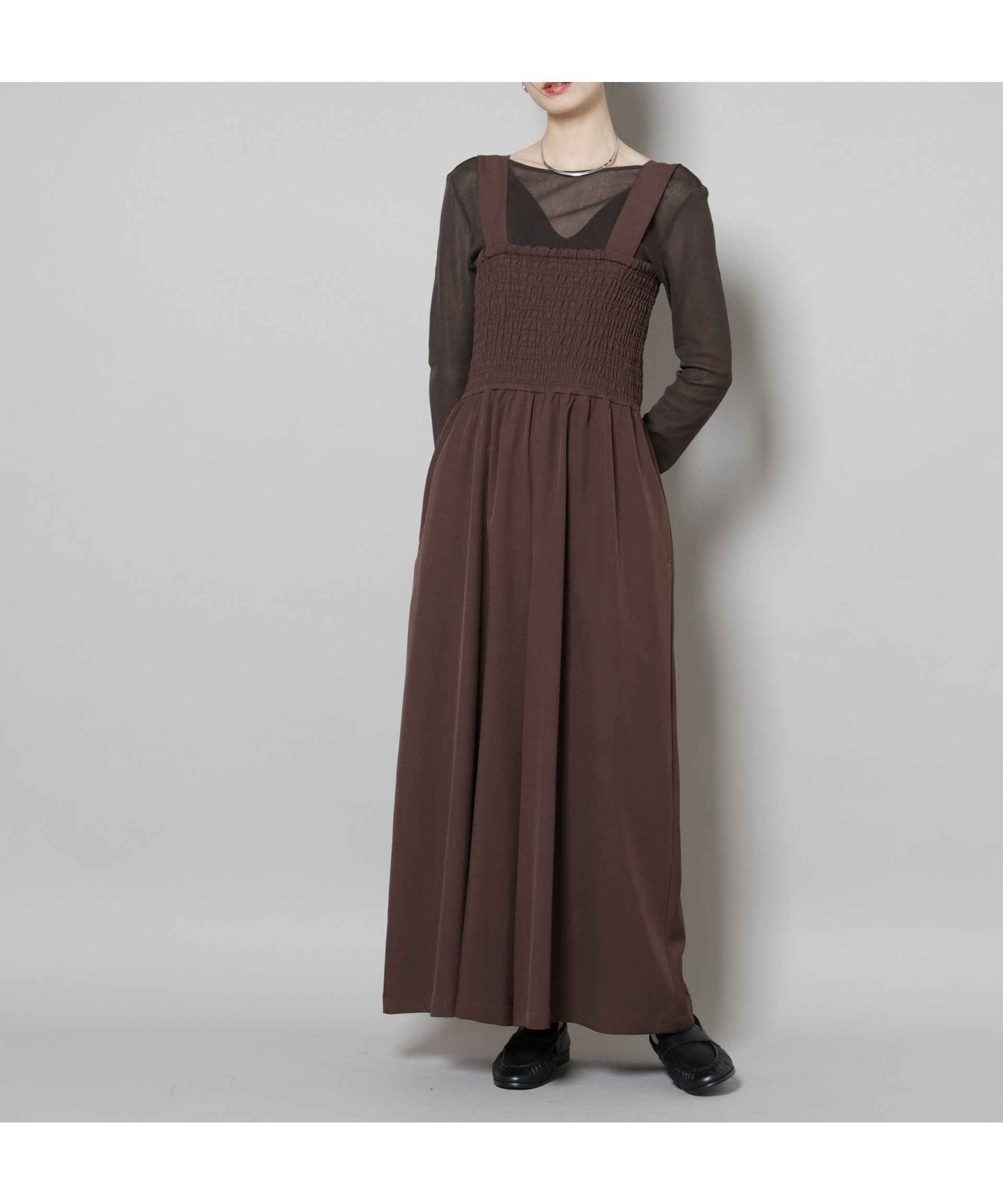 【ナノ ユニバース/nano universe】のシャーリングサロペット インテリア・キッズ・メンズ・レディースファッション・服の通販 founy(ファニー) 　ファッション　Fashion　レディースファッション　Fashion for Women　ワンピース　Dresses　サロペット&オールインワン　Dungarees & Jumpsuit Styles　インナー　Innerwear　秋　Autumn　カットソー　Cut and Sewn Top　カーディガン　Cardigan, Knitwear　サロペット　Overalls, Salopette　シャーリング　Shirring, Ruched　ジャケット　Jacket, Outerwear　スリーブ　Sleeve, Long Sleeve / Short Sleeve　フェミニン　Feminine, Girly　ベーシック　Basic, Essential　ロング　Long, Long-Length　ワイド　Wide, Wide Fit　おすすめ　Recommended / Our Picks　2025年　2025　2025-2026秋冬・A/W　Autumn/Winter 2025–26 AW25–26　ブラウン|ID: prp329100004685513 ipo3291000000033836541