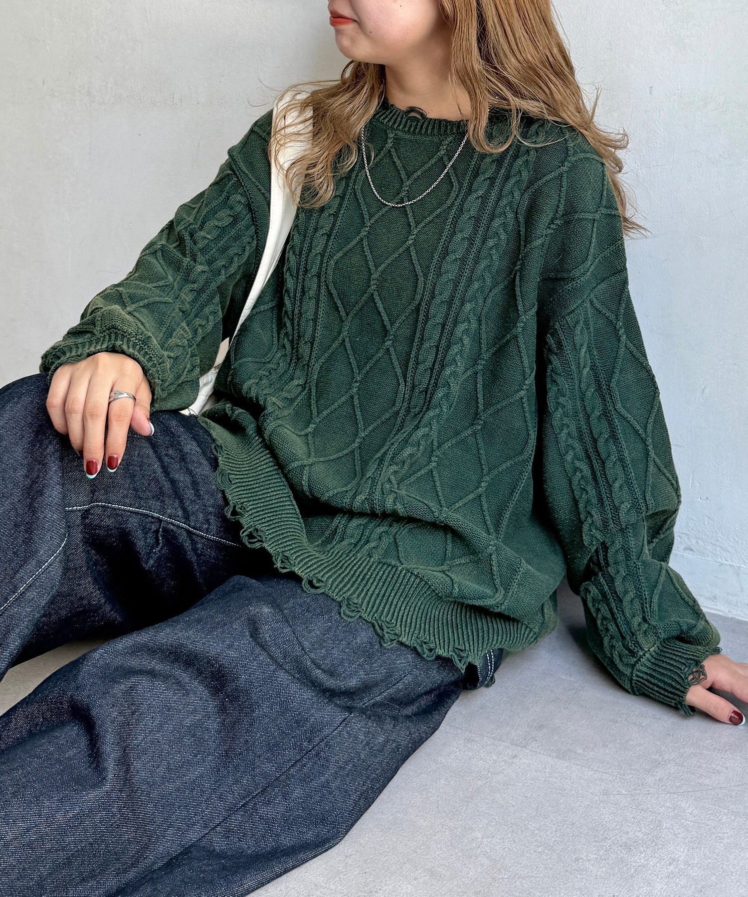 【シーピーシーエム/CPCM】のピグメントケーブルダメージニット インテリア・キッズ・メンズ・レディースファッション・服の通販 founy(ファニー) 　ファッション　Fashion　レディースファッション　Fashion for Women　トップス・カットソー　Cut & Sew Tops　ニット　Knit Tops & Sweaters　ガーリー　Girly, Feminine Style　シンプル　Simple, Minimal　ダメージ　Distressed, Destroyed　リラックス　Relax, Relaxed Fit　ルーズ　Loose, Oversized　ヴィンテージ　Vintage Style　グリーン|ID: prp329100004685575 ipo3291000000033836954