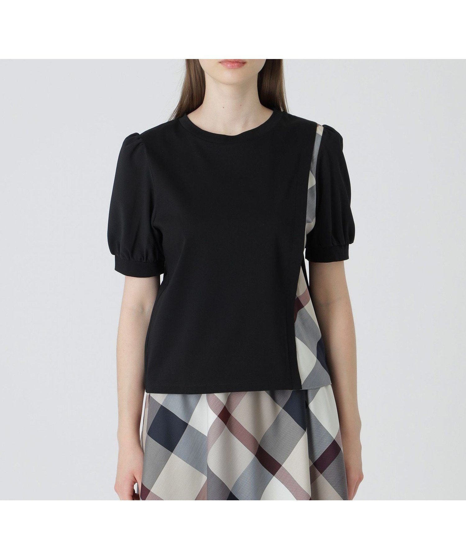 【ブルーレーベル クレストブリッジ/BLUE LABEL CRESTBRIDGE】のコンパクトピマスムースコンビTシャツ インテリア・キッズ・メンズ・レディースファッション・服の通販 founy(ファニー) 　ファッション　Fashion　レディースファッション　Fashion for Women　トップス・カットソー　Cut & Sew Tops　シャツ・ブラウス・オフィスカジュアル　Elegant Blouses & Button-Ups　ロングTシャツ・Tシャツ　Longline T-Shirts & Tees　おすすめ　Recommended / Our Picks　コンビ　Combo, Combination Style　ジョーゼット　Georgette, Semi-Sheer Fabric　チェック　Check, Plaid, Tartan　エレガント 上品　Elegant　ブラック|ID: prp329100004685593 ipo3291000000033837064