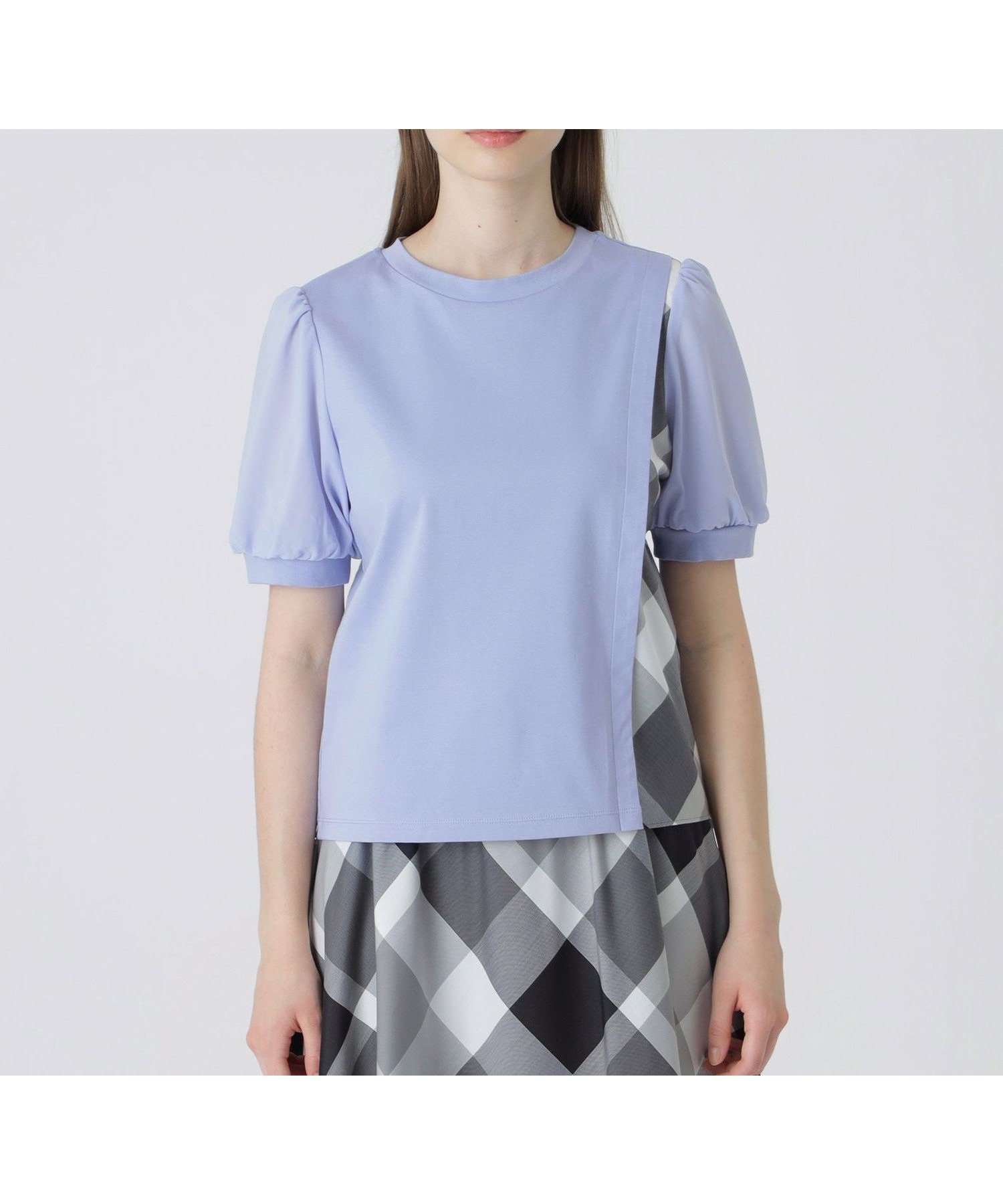 【ブルーレーベル クレストブリッジ/BLUE LABEL CRESTBRIDGE】のコンパクトピマスムースコンビTシャツ インテリア・キッズ・メンズ・レディースファッション・服の通販 founy(ファニー) 　ファッション　Fashion　レディースファッション　Fashion for Women　トップス・カットソー　Cut & Sew Tops　シャツ・ブラウス・オフィスカジュアル　Elegant Blouses & Button-Ups　ロングTシャツ・Tシャツ　Longline T-Shirts & Tees　おすすめ　Recommended / Our Picks　コンビ　Combo, Combination Style　ジョーゼット　Georgette, Semi-Sheer Fabric　チェック　Check, Plaid, Tartan　エレガント 上品　Elegant　サックス|ID: prp329100004685593 ipo3291000000033837066