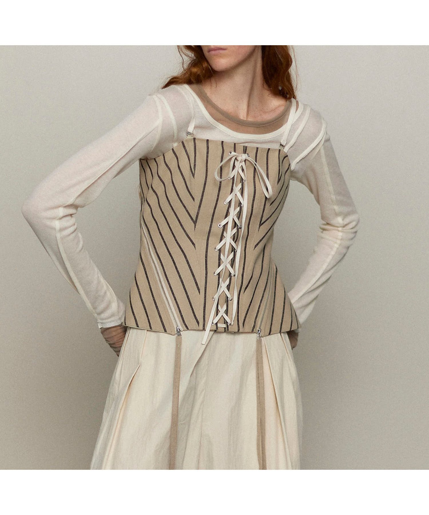 【メゾンスペシャル/MAISON SPECIAL】のStripe Lace Up Bustier インテリア・キッズ・メンズ・レディースファッション・服の通販 founy(ファニー) 　ファッション　Fashion　レディースファッション　Fashion for Women　トップス・カットソー　Cut & Sew Tops　ビスチェ　Bustiers & Corset Tops / Layered Bustier Style　クラシカル　Classical, Vintage-Inspired　シャーリング　Shirring, Ruched　ストライプ　Stripe, Striped Pattern　セットアップ　Set-Up, Coordinated Outfit　フィット　Fit, Slim Fit　フロント　Front, Front Design　レース　Lace, Lace Fabric　エレガント 上品　Elegant　IVR|ID: prp329100004685703 ipo3291000000033837667