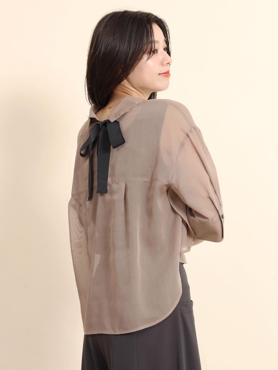 【ヴァン/Vin】のバックリボンシアーシャツ インテリア・キッズ・メンズ・レディースファッション・服の通販 founy(ファニー) 　ファッション　Fashion　レディースファッション　Fashion for Women　トップス・カットソー　Cut & Sew Tops　シャツ・ブラウス・オフィスカジュアル　Elegant Blouses & Button-Ups　おすすめ　Recommended / Our Picks　エレガント 上品　Elegant　キャミソール　Camisole, Spaghetti Strap Top　クロップド　Cropped, Short Length　タイプライター　Typewriter Fabric, Crisp Cotton　タンク　Tank Top, Sleeveless Top　フロント　Front, Front Design　夏　Summer　キャメル|ID: prp329100004685768 ipo3291000000033838039