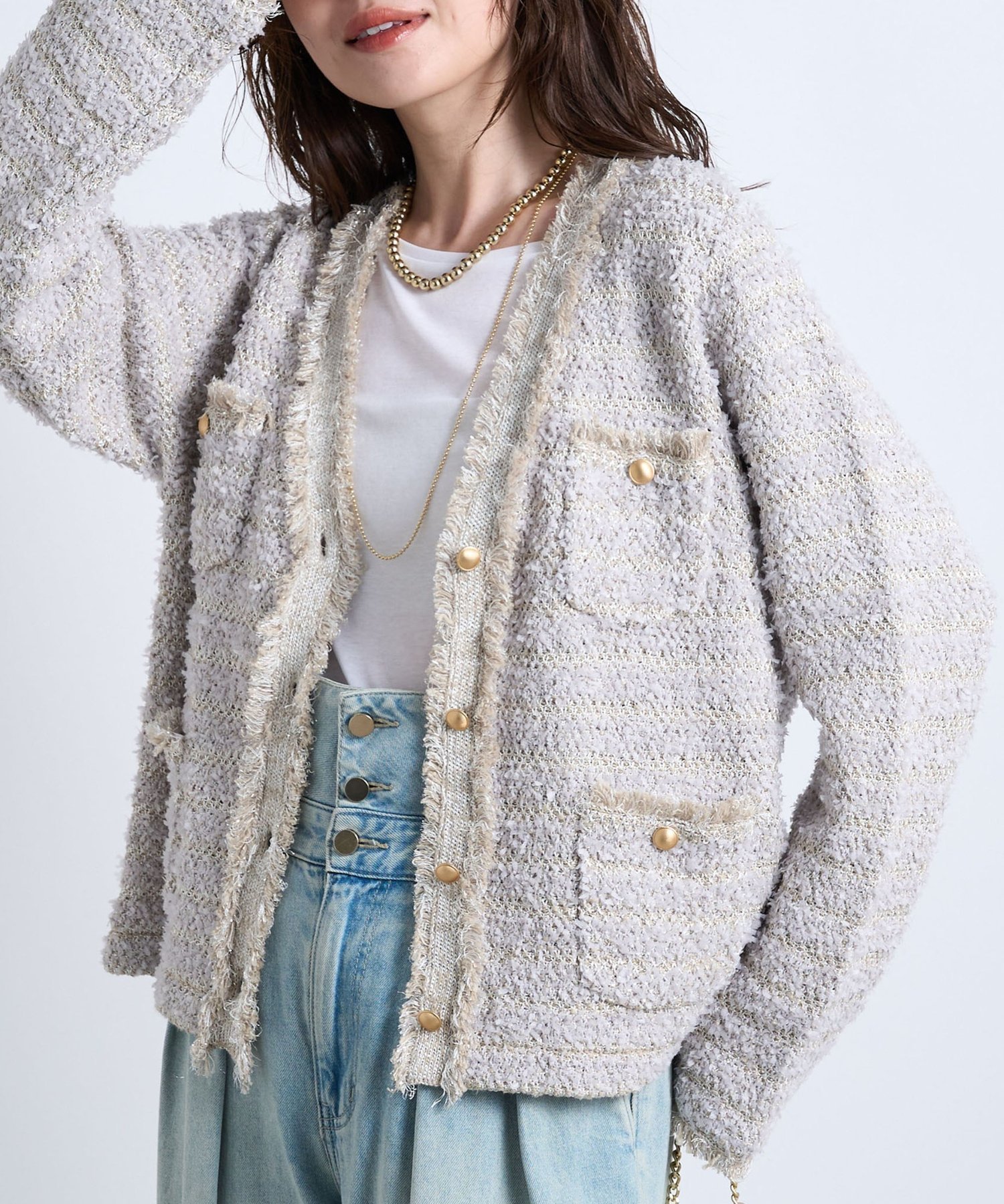 【ラブティックボンボン/La boutique BonBon】の【名品・着回し力抜群】ファンシーツイードニットジャケットカーディガン インテリア・キッズ・メンズ・レディースファッション・服の通販 founy(ファニー) 　ファッション　Fashion　レディースファッション　Fashion for Women　おすすめ　Recommended / Our Picks　カーディガン　Cardigan, Knitwear　クラシカル　Classical, Vintage-Inspired　コンパクト　Compact, Small Size　ジャケット　Jacket, Outerwear　ストレート　Straight, Straight Cut　ツイード　Twill, Twill Weave　デニム　Denim, Jeans Material　トレンド　Trend, Trending Now　フェミニン　Feminine, Girly　フリンジ　Fringe, Tassel　ボトム　Bottoms, Lower Wear　ポケット　Pocket, Pocket Detail　メタル　Metal, Metal Parts　人気　Popular, Best Seller　グレージュ|ID: prp329100004686068 ipo3291000000033839466