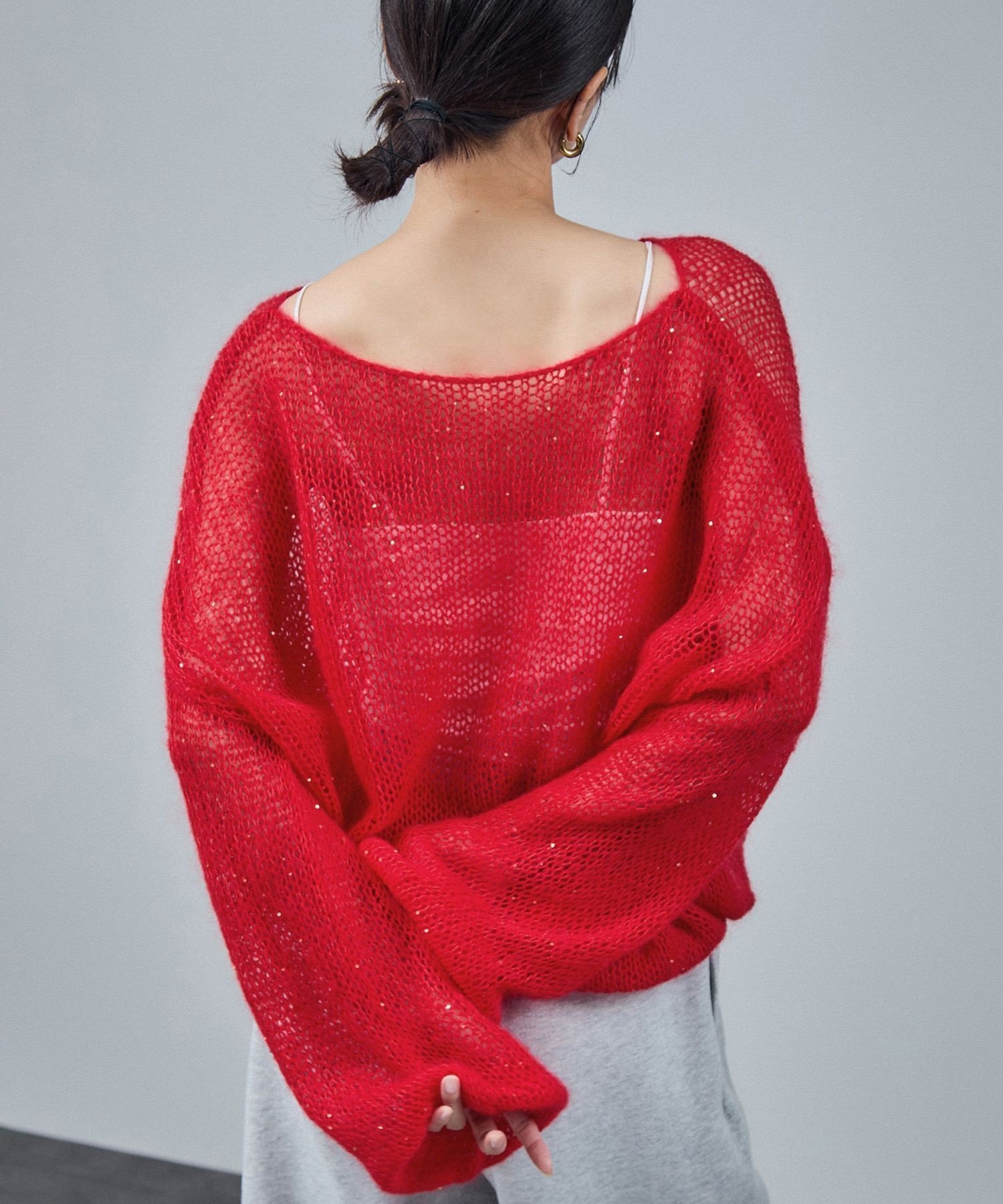 【サロン アダム エ ロペ/SALON adam et rope'】のシアーモヘアスパンコールプルオーバー 2 インテリア・キッズ・メンズ・レディースファッション・服の通販 founy(ファニー) 　ファッション　Fashion　レディースファッション　Fashion for Women　トップス・カットソー　Cut & Sew Tops　カジュアルプルオーバー・ニットトップス　Pullovers & Knit Tops / Casual Pullovers　インナー　Innerwear　スパンコール　Sequins, Sequin Embellishment　フォルム　Silhouette, Form　ブラウジング　Blouson Silhouette, Cinched Waist　ルーズ　Loose, Oversized　ロング　Long, Long-Length　エレガント 上品　Elegant　A/W・秋冬　Autumn/Winter　レッド(60)|ID: prp329100004686213 ipo3291000000033840110