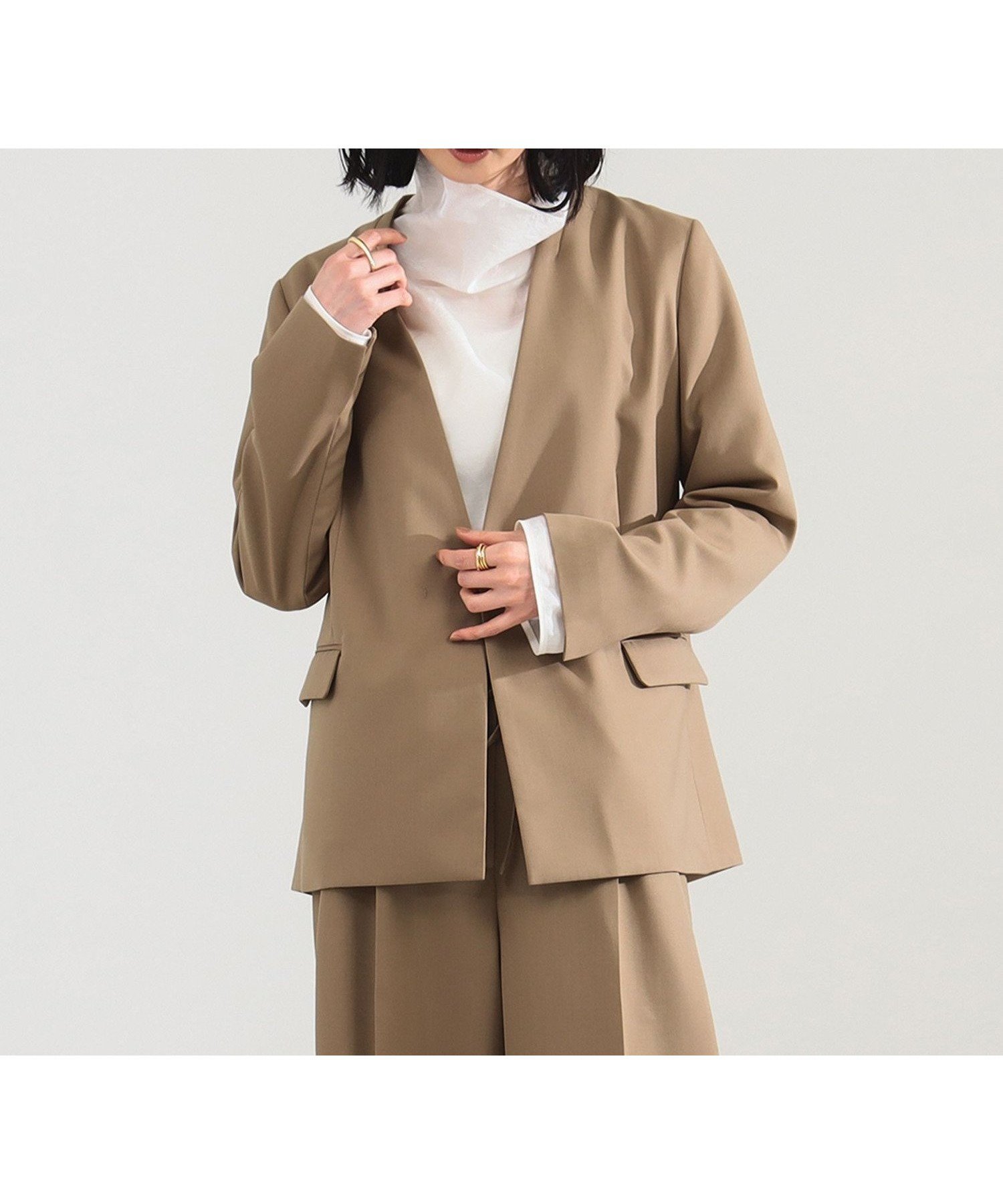 【デミルクス ビームス/Demi-Luxe BEAMS】のポリエステル ウール ラペルレス ジャケット インテリア・キッズ・メンズ・レディースファッション・服の通販 founy(ファニー) 　ファッション　Fashion　レディースファッション　Fashion for Women　アウター　Coat / Outerwear Collection　レディースジャケット・軽アウター　Jackets　インナー　Innerwear　ジャケット　Jacket, Outerwear　セットアップ　Set-Up, Coordinated Outfit　ツイル　Twist, Twisted Detail　ハイネック　High Neck, Mock Neck　バランス　Balance, Style Balance　フロント　Front, Front Design　BEIGE|ID: prp329100004687372 ipo3291000000033847695