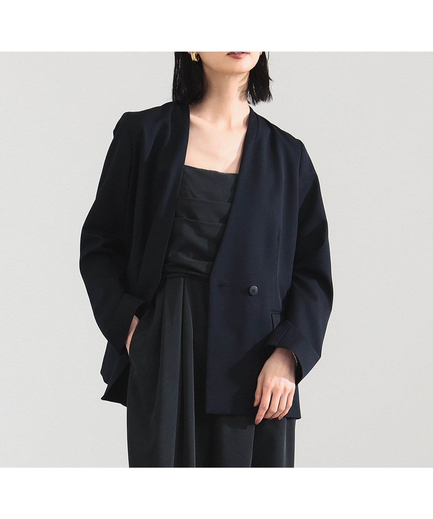 【デミルクス ビームス/Demi-Luxe BEAMS】のポリエステル ウール ラペルレス ジャケット インテリア・キッズ・メンズ・レディースファッション・服の通販 founy(ファニー) 　ファッション　Fashion　レディースファッション　Fashion for Women　アウター　Coat / Outerwear Collection　レディースジャケット・軽アウター　Jackets　インナー　Innerwear　ジャケット　Jacket, Outerwear　セットアップ　Set-Up, Coordinated Outfit　ツイル　Twist, Twisted Detail　ハイネック　High Neck, Mock Neck　バランス　Balance, Style Balance　フロント　Front, Front Design　NAVY|ID: prp329100004687372 ipo3291000000033847697