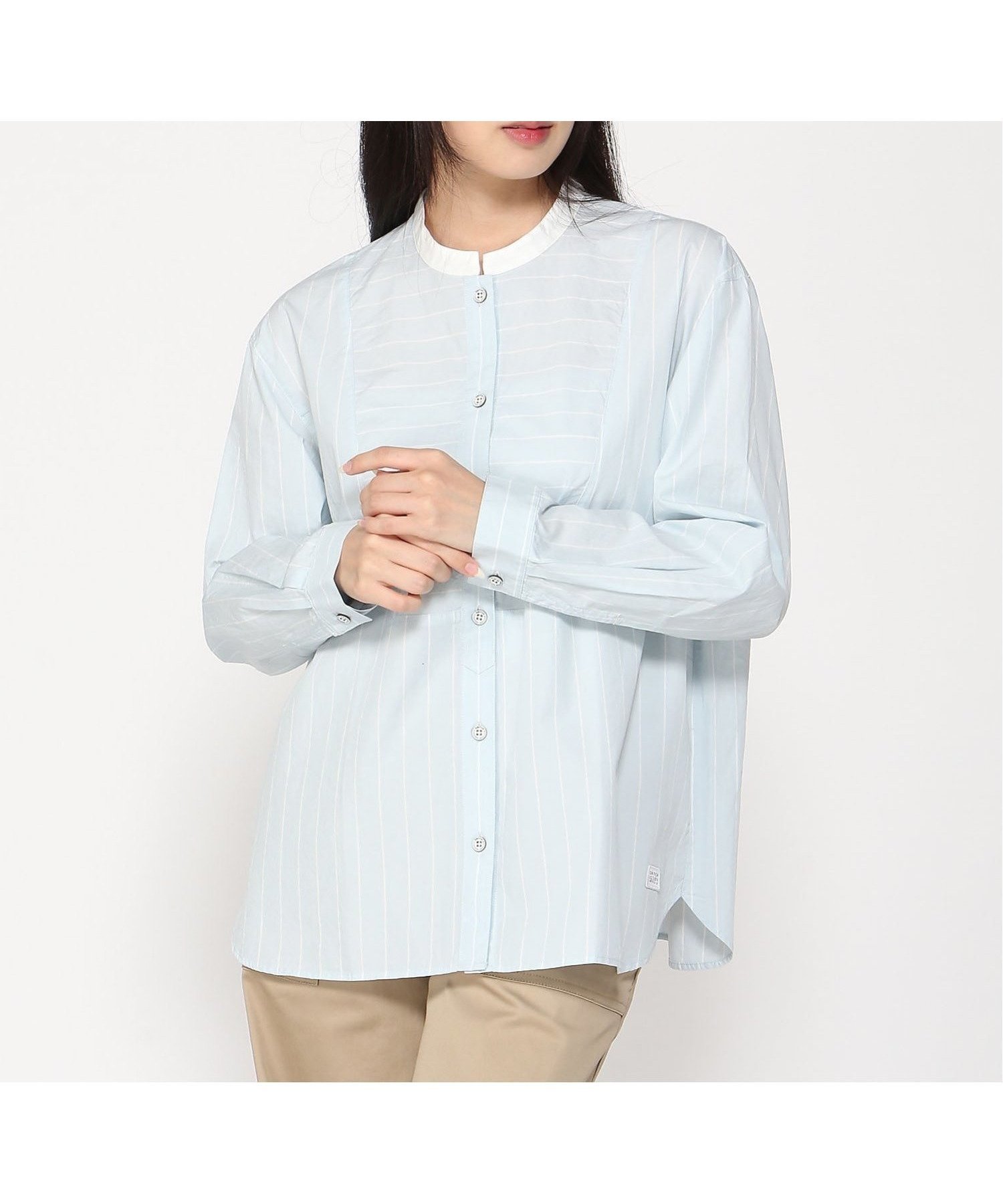 【クロコダイル/CROCODILE】のバンドカラー ストライプ柄 ブラウス インテリア・キッズ・メンズ・レディースファッション・服の通販 founy(ファニー) 　ファッション　Fashion　レディースファッション　Fashion for Women　トップス・カットソー　Cut & Sew Tops　シャツ・ブラウス・オフィスカジュアル　Elegant Blouses & Button-Ups　ストライプ　Stripe, Striped Pattern　エレガント 上品　Elegant　サックス|ID: prp329100004687739 ipo3291000000033851084