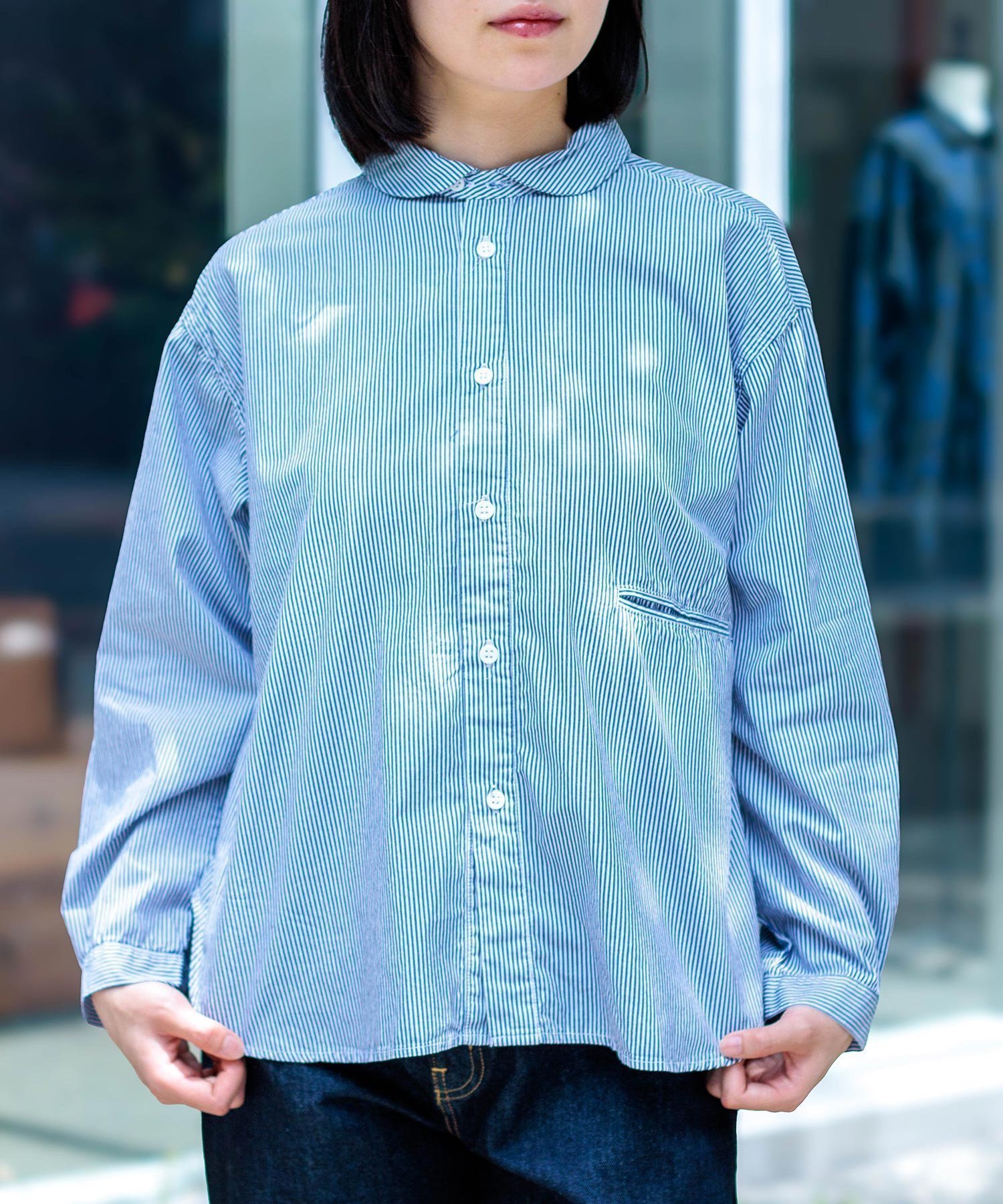【ドミンゴ/DOMINGO】のコーマストライプ ラウンドカラーシャツ 人気、トレンドファッション・服の通販 founy(ファニー) 　ファッション　Fashion　レディースファッション　Fashion for Women　トップス・カットソー　Cut & Sew Tops　シャツ・ブラウス・オフィスカジュアル　Elegant Blouses & Button-Ups　ストライプ　Stripe, Striped Pattern　トレンド　Trend, Trending Now　ブロード　Broadcloth, Fine Cotton　ベーシック　Basic, Essential　ポケット　Pocket, Pocket Detail　ラウンド　Round, Round Neck　エレガント 上品　Elegant　 other-1|ID: prp329100004687804 ipo3291000000033851667
