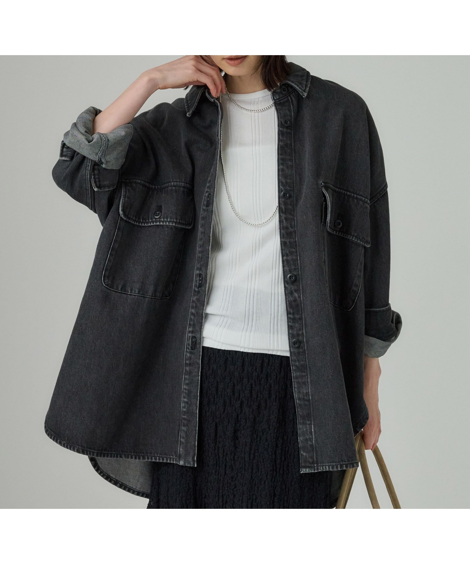 【バビロン/BABYLONE / KIDS】のデニムビッグシャツ インテリア・キッズ・メンズ・レディースファッション・服の通販 founy(ファニー) 　ファッション　Fashion　キッズファッション　Fashion for Kids　ショルダー　Shoulder, Shoulder Strap　ジャケット　Jacket, Outerwear　スリット　Slit, Slit Detail　チュニック　Tunic, Long Top　デニム　Denim, Jeans Material　バランス　Balance, Style Balance　ビッグ　Big, Oversized　再入荷　Restock / Back in Stock　ブラック19|ID: prp329100004687824 ipo3291000000034125678