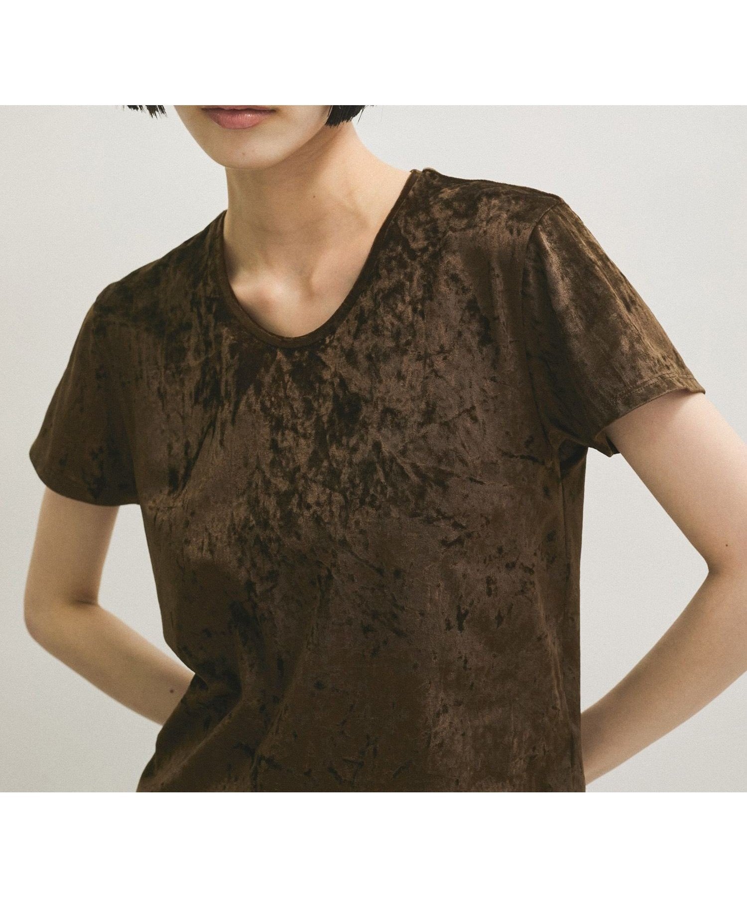 【アダム エ ロペ/ADAM ET ROPE'】のクラッシュベロアTシャツ インテリア・キッズ・メンズ・レディースファッション・服の通販 founy(ファニー) 　ファッション　Fashion　レディースファッション　Fashion for Women　トップス・カットソー　Cut & Sew Tops　シャツ・ブラウス・オフィスカジュアル　Elegant Blouses & Button-Ups　ロングTシャツ・Tシャツ　Longline T-Shirts & Tees　ベロアトップス　Velour Tops / Velvet-Look Items　アクセサリー　Fashion Accessories　春　Spring　洗える　Machine Washable　クラッシュ　Distressed, Crashed Style　コンパクト　Compact, Small Size　シンプル　Simple, Minimal　ストレッチ　Stretch, Stretchy Fabric　スリーブ　Sleeve, Long Sleeve / Short Sleeve　ドレープ　Drape, Draping Fabric　ハーフ　Half, Half-Length　ベロア　Velour, Soft Velvet　ボトム　Bottoms, Lower Wear　A/W・秋冬　Autumn/Winter　S/S・春夏　SS, Spring/Summer, Warm Season　夏　Summer　エレガント 上品　Elegant　2025年　2025　2025春夏・S/S　Spring/Summer 2025 SS25　ダークブラウン(20)|ID: prp329100004688402 ipo3291000000033857941
