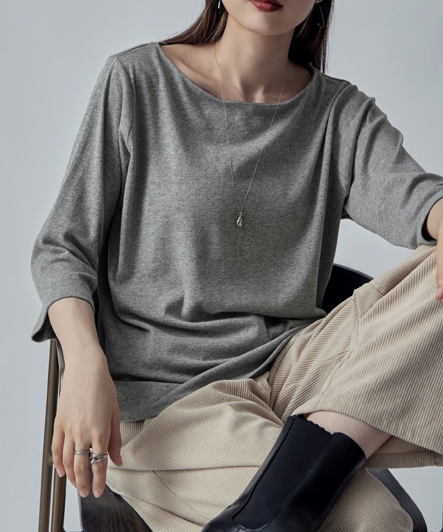 【ビーフラット/bflat】のボートネック七分袖Tシャツ インテリア・キッズ・メンズ・レディースファッション・服の通販 founy(ファニー) 　ファッション　Fashion　レディースファッション　Fashion for Women　トップス・カットソー　Cut & Sew Tops　シャツ・ブラウス・オフィスカジュアル　Elegant Blouses & Button-Ups　ロングTシャツ・Tシャツ　Longline T-Shirts & Tees　おすすめ　Recommended / Our Picks　インナー　Innerwear　カットソー　Cut and Sewn Top　カーディガン　Cardigan, Knitwear　ジャケット　Jacket, Outerwear　デコルテ　Décolleté, Neckline　定番　Standard, Basic Item　杢グレー|ID: prp329100004688521 ipo3291000000033860134