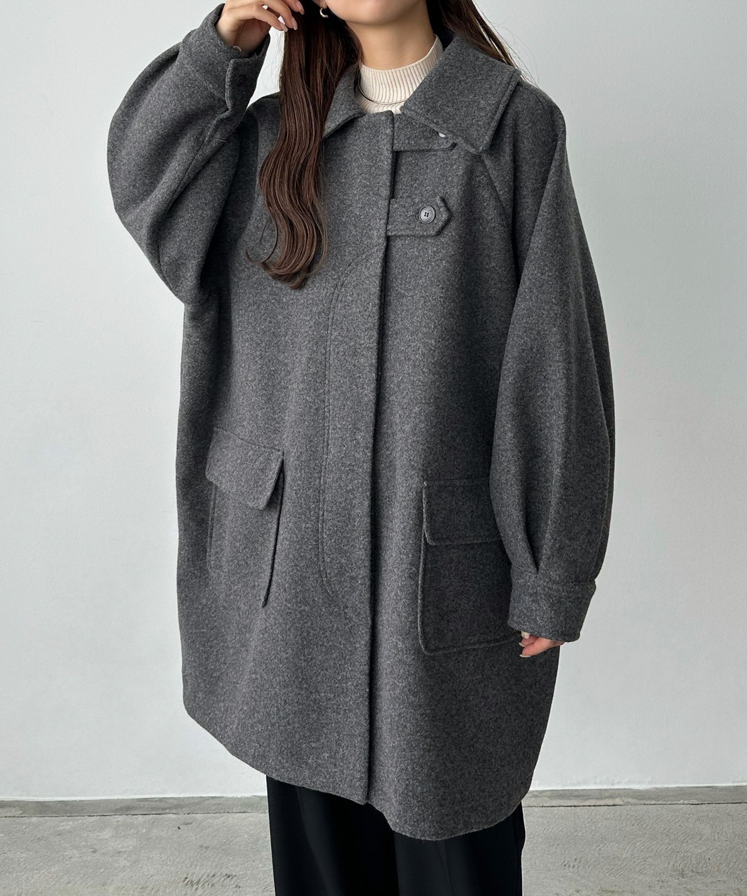 【ジュノア/JUNOAH】のcallautia ステンカラーオーバーミドルコート インテリア・キッズ・メンズ・レディースファッション・服の通販 founy(ファニー) 　ファッション　Fashion　レディースファッション　Fashion for Women　アウター　Coat / Outerwear Collection　コート・ロングコート・ピーコート　Long Coats, Peacoats & More　ダークグレー|ID: prp329100004688623 ipo3291000000033911313