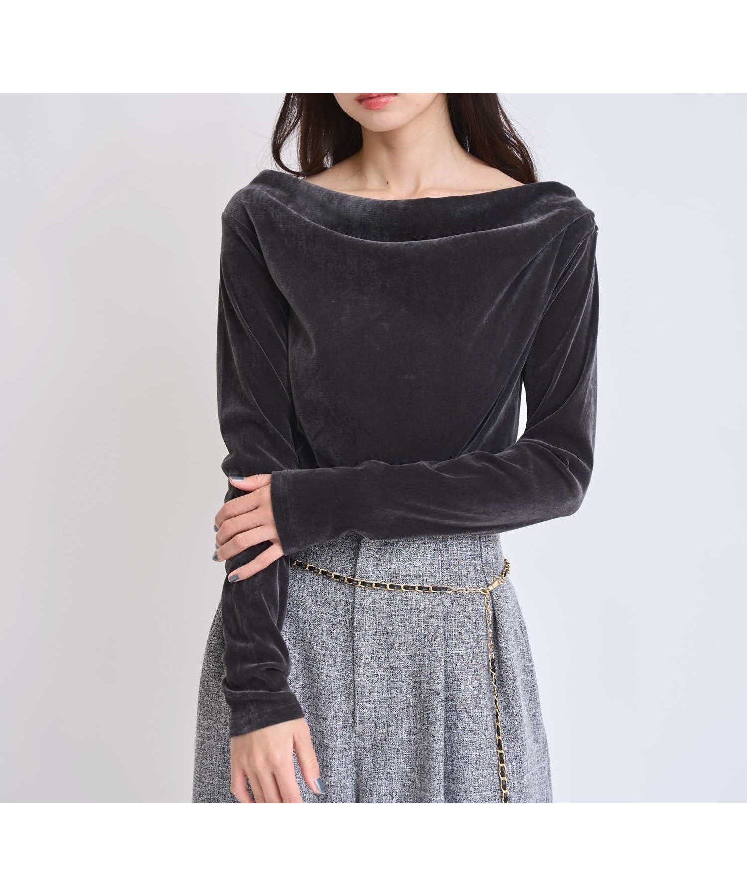 【ノエラ/Noela】のベロアドレープトップス インテリア・キッズ・メンズ・レディースファッション・服の通販 founy(ファニー) 　ファッション　Fashion　レディースファッション　Fashion for Women　トップス・カットソー　Cut & Sew Tops　ベロアトップス　Velour Tops / Velvet-Look Items　シンプル　Simple, Minimal　ベロア　Velour, Soft Velvet　ポケット　Pocket, Pocket Detail　メッシュ　Mesh, Net Fabric　チャコールグレー|ID: prp329100004688864 ipo3291000000034680227