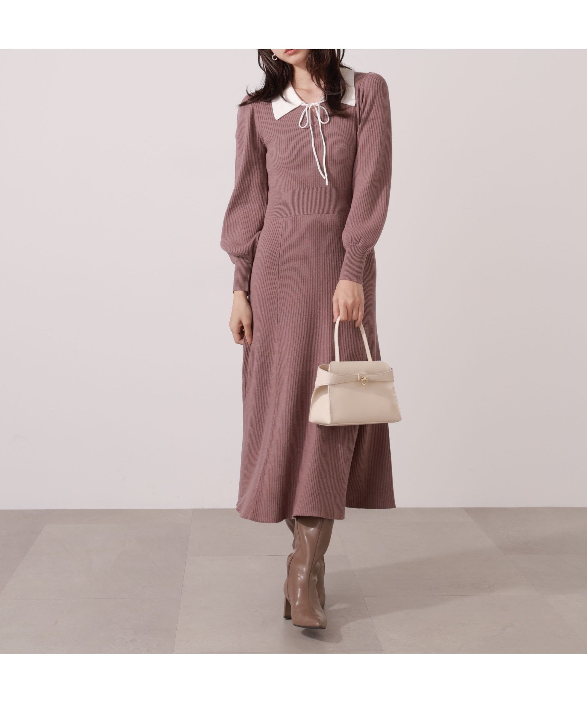 【プロポーション ボディドレッシング/PROPORTION BODY DRESSING】のリボン衿付きニットワンピース インテリア・キッズ・メンズ・レディースファッション・服の通販 founy(ファニー) 　ファッション　Fashion　レディースファッション　Fashion for Women　ワンピース　Dresses　ニットワンピース　Knit Dresses　トレンド　Trend, Trending Now　フィット　Fit, Slim Fit　リボン　Ribbon, Bow　モカ×ホワイト1|ID: prp329100004688962 ipo3291000000033863928