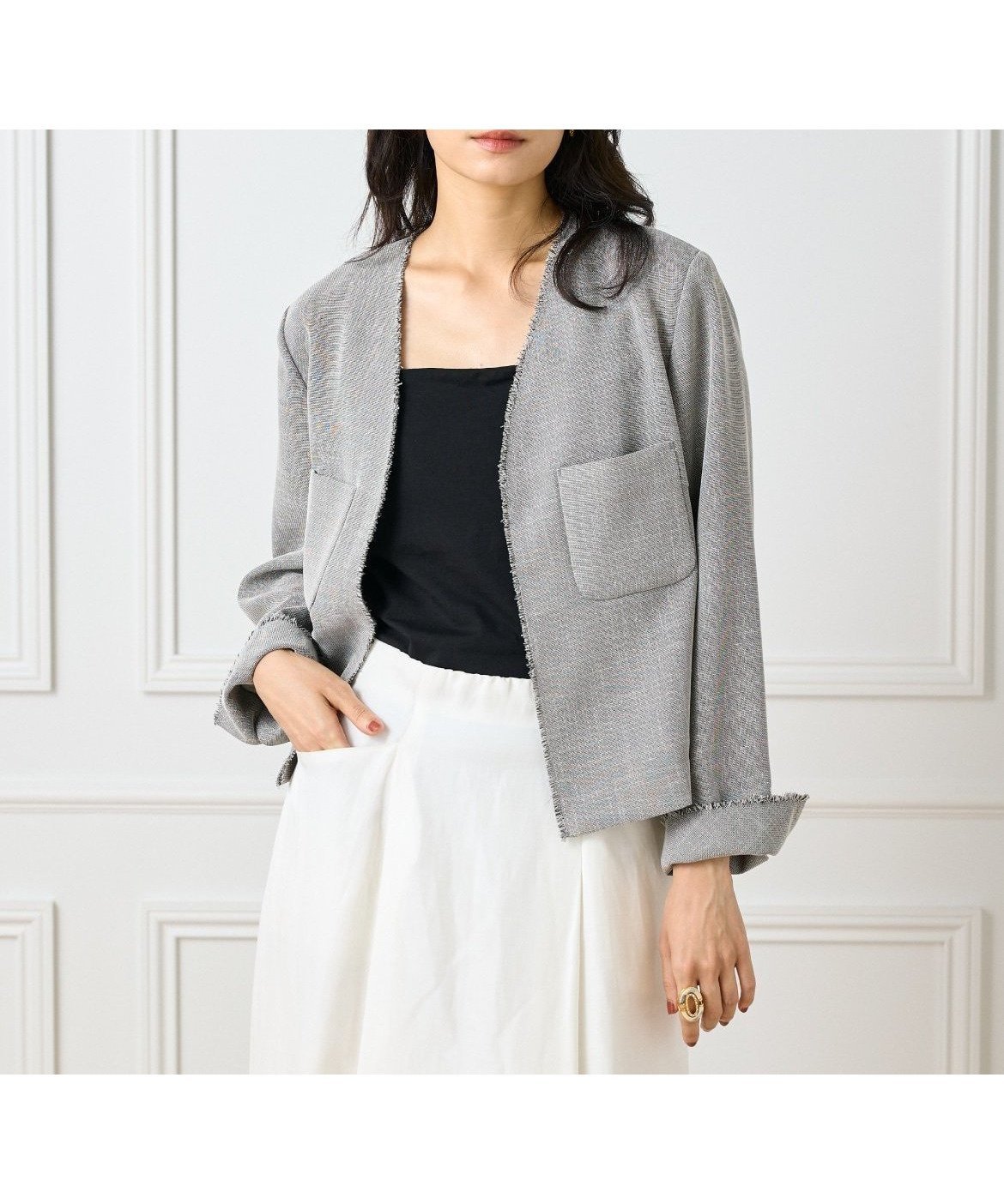 【イネド/INED】のカラミジャケット インテリア・キッズ・メンズ・レディースファッション・服の通販 founy(ファニー) 　ファッション　Fashion　レディースファッション　Fashion for Women　アウター　Coat / Outerwear Collection　レディースジャケット・軽アウター　Jackets　コンパクト　Compact, Small Size　ストレッチ　Stretch, Stretchy Fabric　スマート　Smart, Elegant　デニム　Denim, Jeans Material　フォルム　Silhouette, Form　フロント　Front, Front Design　羽織　Haori, Light Jacket　おすすめ　Recommended / Our Picks　エレガント 上品　Elegant　グレー|ID: prp329100004688974 ipo3291000000034000314
