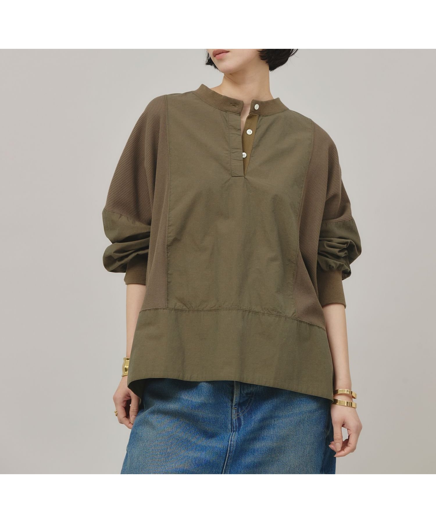 【カレンソロジー/Curensology】のRC ワッフルヘンリープルオーバー インテリア・キッズ・メンズ・レディースファッション・服の通販 founy(ファニー) 　ファッション　Fashion　レディースファッション　Fashion for Women　トップス・カットソー　Cut & Sew Tops　カジュアルプルオーバー・ニットトップス　Pullovers & Knit Tops / Casual Pullovers　エレガント 上品　Elegant　カットソー　Cut and Sewn Top　キャラクター　Character, Licensed Characters　軽量　Lightweight, Ultra Light　デニム　Denim, Jeans Material　ミリタリー　Military, Army Style　ワッフル　Waffle, Waffle Knit　ワーク　Workwear, Utility Style　カーキ78|ID: prp329100004689064 ipo3291000000033864686