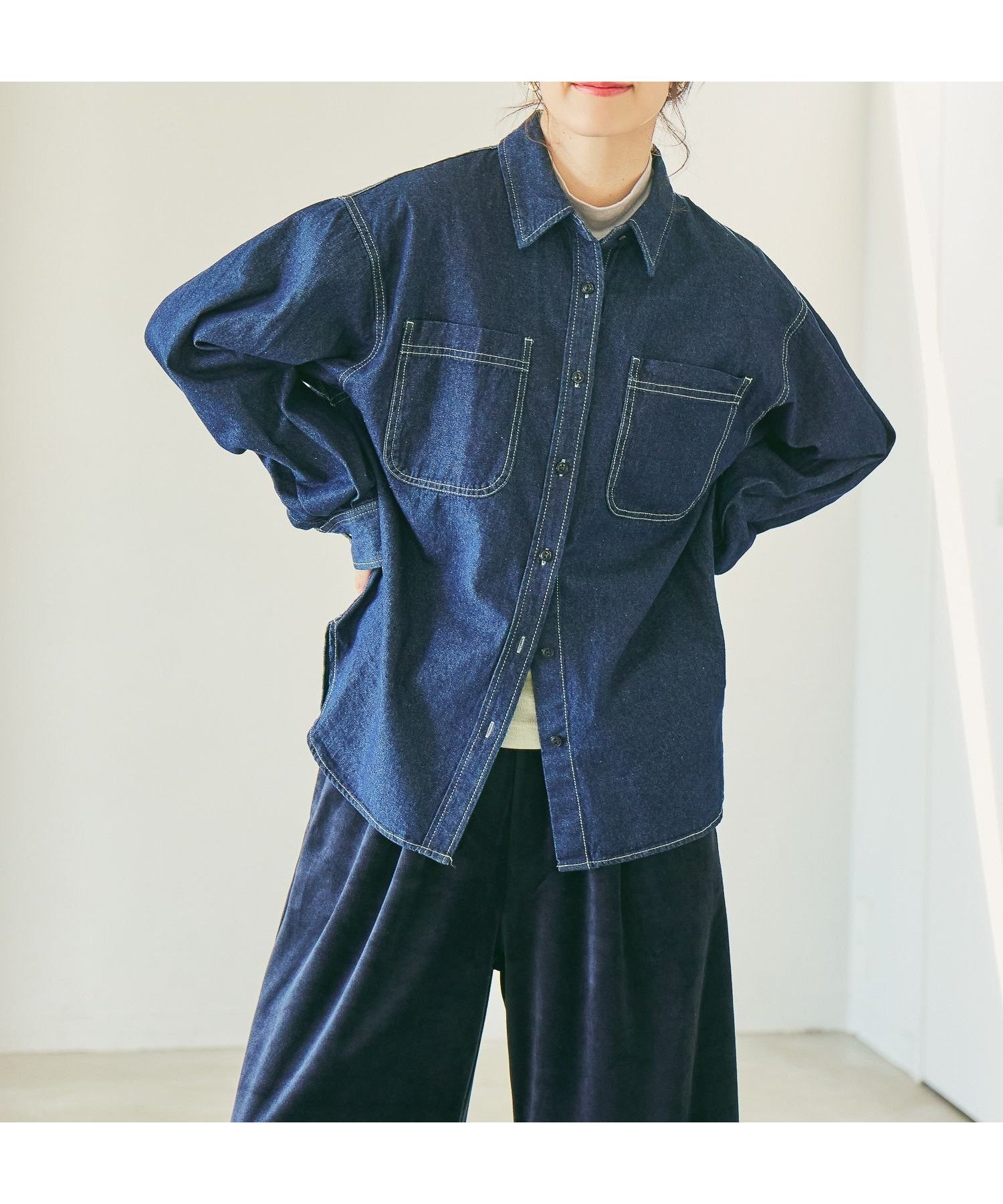 【スタディオ クリップ/studio CLIP】の【選べる着丈】デニムシャツ《CLIP denim》 人気、トレンドファッション・服の通販 founy(ファニー) 　ファッション　Fashion　レディースファッション　Fashion for Women　トップス・カットソー　Cut & Sew Tops　シャツ・ブラウス・オフィスカジュアル　Elegant Blouses & Button-Ups　おすすめ　Recommended / Our Picks　インナー　Innerwear　ストレート　Straight, Straight Cut　セットアップ　Set-Up, Coordinated Outfit　デニム　Denim, Jeans Material　トレンド　Trend, Trending Now　メンズ　Men's, Menswear　ワイド　Wide, Wide Fit　今季　This Season, Current Season　春　Spring　 other-1|ID: prp329100004689191 ipo3291000000034115576