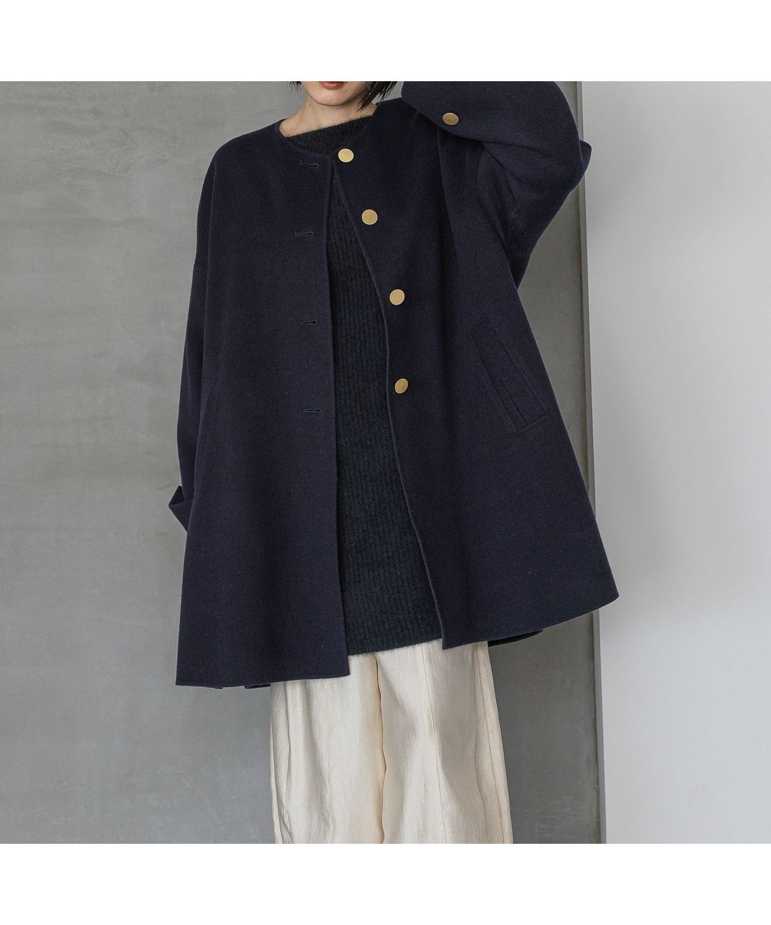 【アパートバイローリーズ/apart by lowrys】のカシープノーカラーコート インテリア・キッズ・メンズ・レディースファッション・服の通販 founy(ファニー) 　ファッション　Fashion　レディースファッション　Fashion for Women　アウター　Coat / Outerwear Collection　コート・ロングコート・ピーコート　Long Coats, Peacoats & More　デニム　Denim, Jeans Material　フォルム　Silhouette, Form　ボトム　Bottoms, Lower Wear　ミドル　Middle Length, Mid Height　メタル　Metal, Metal Parts　ワイド　Wide, Wide Fit　エレガント 上品　Elegant　ネイビー88|ID: prp329100004690267 ipo3291000000034266119