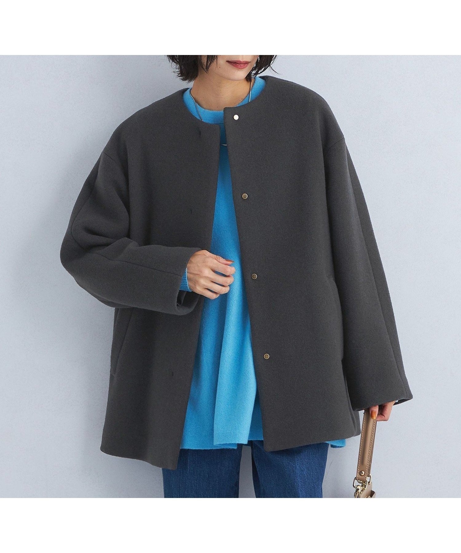 【ユナイテッドアローズ/UNITED ARROWS】のSENTDALE WOOL セントデールウール ノーカラー ミドル コート インテリア・キッズ・メンズ・レディースファッション・服の通販 founy(ファニー) 　ファッション　Fashion　レディースファッション　Fashion for Women　アウター　Coat / Outerwear Collection　コート・ロングコート・ピーコート　Long Coats, Peacoats & More　ウェーブ　Wavy Pattern　ミドル　Middle Length, Mid Height　DK.GRAY|ID: prp329100004690397 ipo3291000000033872777
