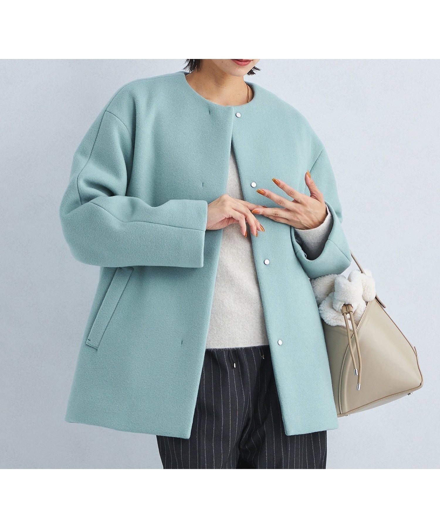 【ユナイテッドアローズ/UNITED ARROWS】のSENTDALE WOOL セントデールウール ノーカラー ミドル コート インテリア・キッズ・メンズ・レディースファッション・服の通販 founy(ファニー) 　ファッション　Fashion　レディースファッション　Fashion for Women　アウター　Coat / Outerwear Collection　コート・ロングコート・ピーコート　Long Coats, Peacoats & More　ウェーブ　Wavy Pattern　ミドル　Middle Length, Mid Height　LIME|ID: prp329100004690397 ipo3291000000033872781