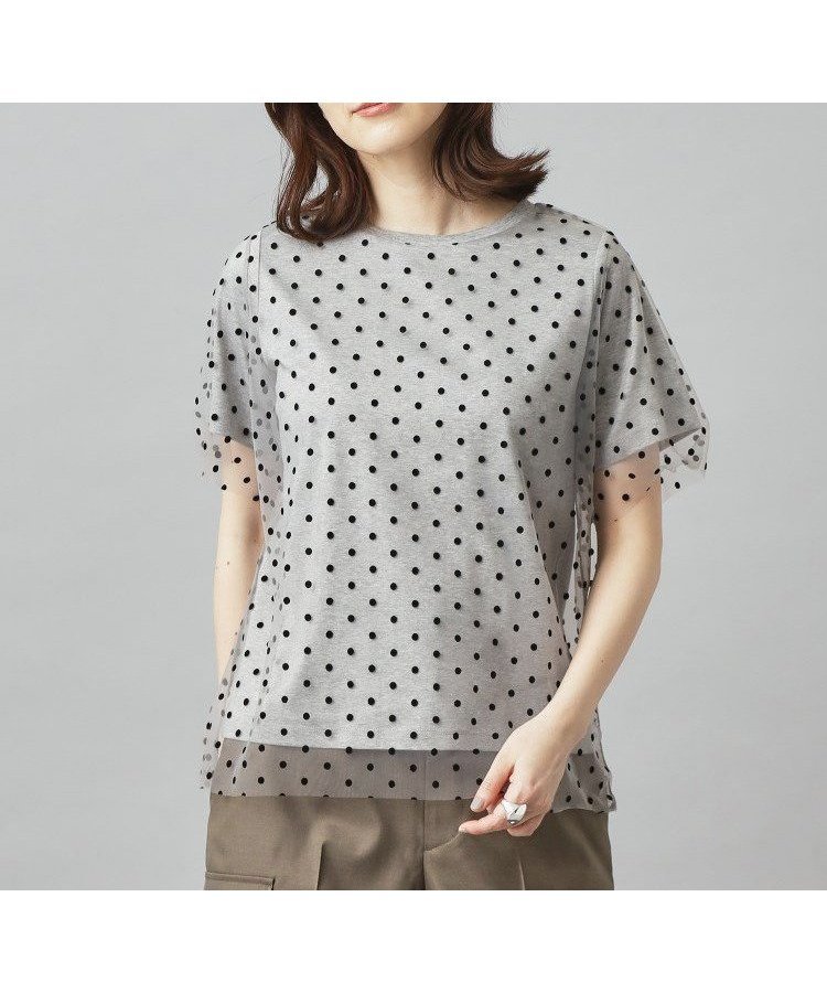 【ドレステリア/DRESSTERIOR】の【洗える/シアー素材】ドットチュールレイヤードTシャツ インテリア・キッズ・メンズ・レディースファッション・服の通販 founy(ファニー) 　ファッション　Fashion　レディースファッション　Fashion for Women　トップス・カットソー　Cut & Sew Tops　シャツ・ブラウス・オフィスカジュアル　Elegant Blouses & Button-Ups　ロングTシャツ・Tシャツ　Longline T-Shirts & Tees　インナー　Innerwear　コンパクト　Compact, Small Size　シアー　Sheer, See-Through　チュール　Tulip, Tulip Motif　ドット　Polka Dot, Dot Pattern　プリント　Print, Printed Pattern　洗える　Machine Washable　グレー|ID: prp329100004690427 ipo3291000000033914838