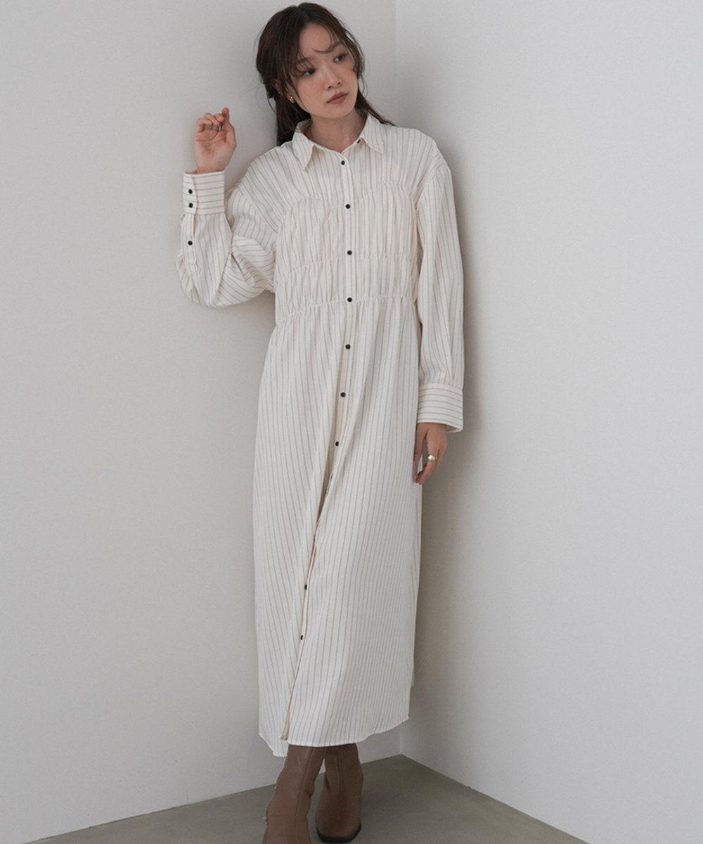 【バブ ブージュルード/Bab Bou Jeloud】の【低身長~高身長向けサイズあり】ストライプビスチェ風シャツワンピース インテリア・キッズ・メンズ・レディースファッション・服の通販 founy(ファニー) 　ファッション　Fashion　レディースファッション　Fashion for Women　ワンピース　Dresses　シャツワンピース / 1枚で着映えコーデ　Shirt Dresses　シャーリング　Shirring, Ruched　ショート　Short, Short Length　シンプル　Simple, Minimal　スニーカー　Sneakers, Trainers　スマート　Smart, Elegant　デニム　Denim, Jeans Material　トレンド　Trend, Trending Now　人気　Popular, Best Seller　バランス　Balance, Style Balance　ビスチェ　Bustier, Corset Top　レギンス　Leggings, Stretch Pants　A/W・秋冬　Autumn/Winter　再入荷　Restock / Back in Stock　おすすめ　Recommended / Our Picks　夏　Summer　IVORY|ID: prp329100004690514 ipo3291000000034570067