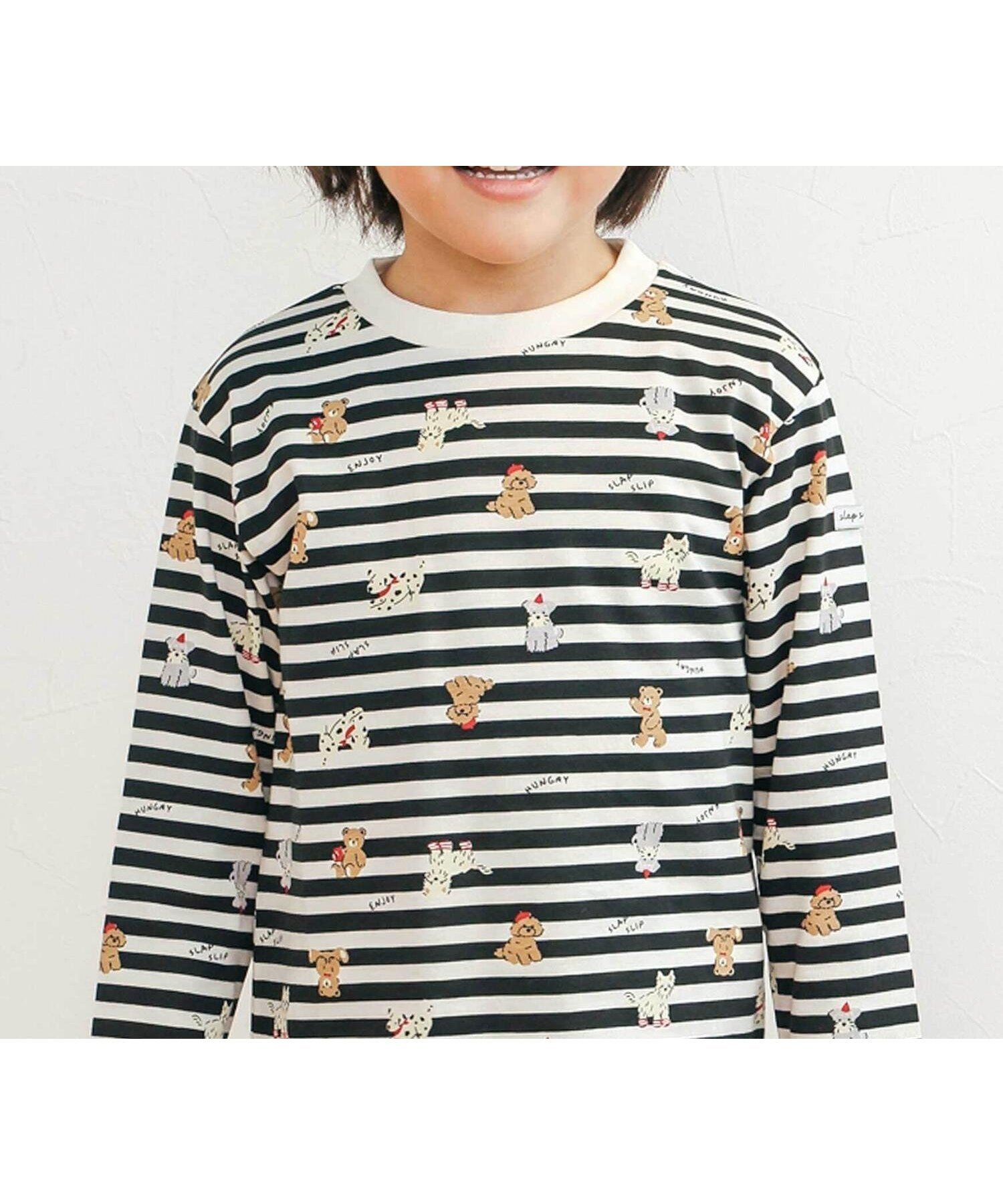 【ベベ オンライン ストア/BEBE ONLINE STORE / KIDS】の【スララク/防汚加工/オーガニックコットン】わくわく男の子長袖Tシャツ(80~130cm) インテリア・キッズ・メンズ・レディースファッション・服の通販 founy(ファニー) 　ファッション　Fashion　キッズファッション　Fashion for Kids　アニマル　Animal Print　アンダー　Underwear Essentials　スポーツ　Sports, Activewear　人気　Popular, Best Seller　長袖　Long Sleeve, Full Sleeve　フレンチ　French, French Style　フロント　Front, Front Design　プリント　Print, Printed Pattern　ボーダー　Border, Stripe　ポケット　Pocket, Pocket Detail　モチーフ　Motif, Design Theme　A/W・秋冬　Autumn/Winter　犬　Dog　エレガント 上品　Elegant　2025年　2025　2025-2026秋冬・A/W　Autumn/Winter 2025–26 AW25–26　ブラックボーダー×犬とくま総柄|ID: prp329100004690582 ipo3291000000034045203