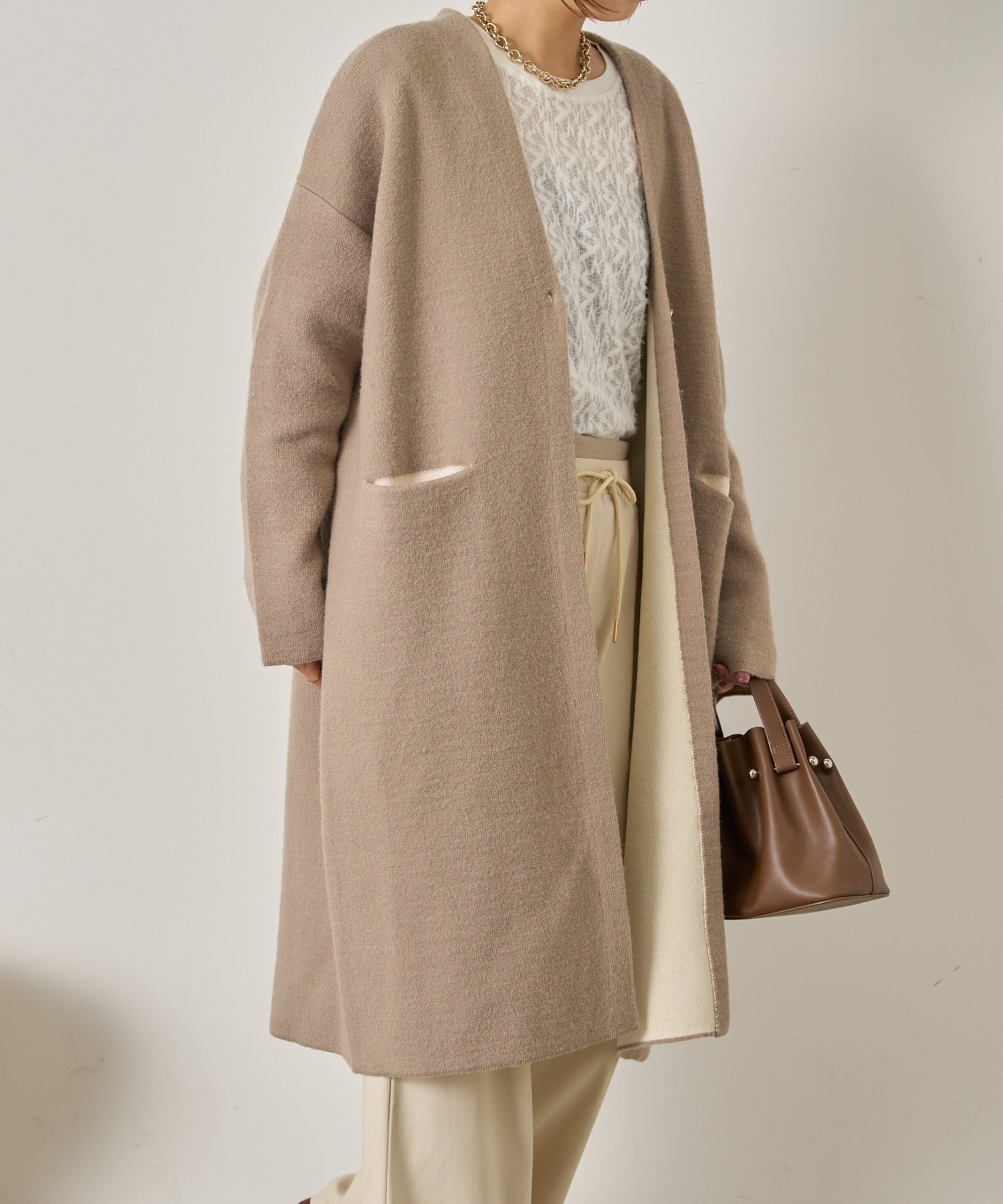 【ジェナ エスパス メルヴェイユ/Jena espace merveilleux】のWフェイスロングコート 人気、トレンドファッション・服の通販 founy(ファニー) 　ファッション　Fashion　レディースファッション　Fashion for Women　アウター　Coat / Outerwear Collection　コート・ロングコート・ピーコート　Long Coats, Peacoats & More　カーディガン　Cardigan, Knitwear　シンプル　Simple, Minimal　スマート　Smart, Elegant　デニム　Denim, Jeans Material　フェイス　Face, Facial Design　フェミニン　Feminine, Girly　フロント　Front, Front Design　ポケット　Pocket, Pocket Detail　ロング　Long, Long-Length　再入荷　Restock / Back in Stock　おすすめ　Recommended / Our Picks　エレガント 上品　Elegant　 other-1|ID: prp329100004690681 ipo3291000000033874316