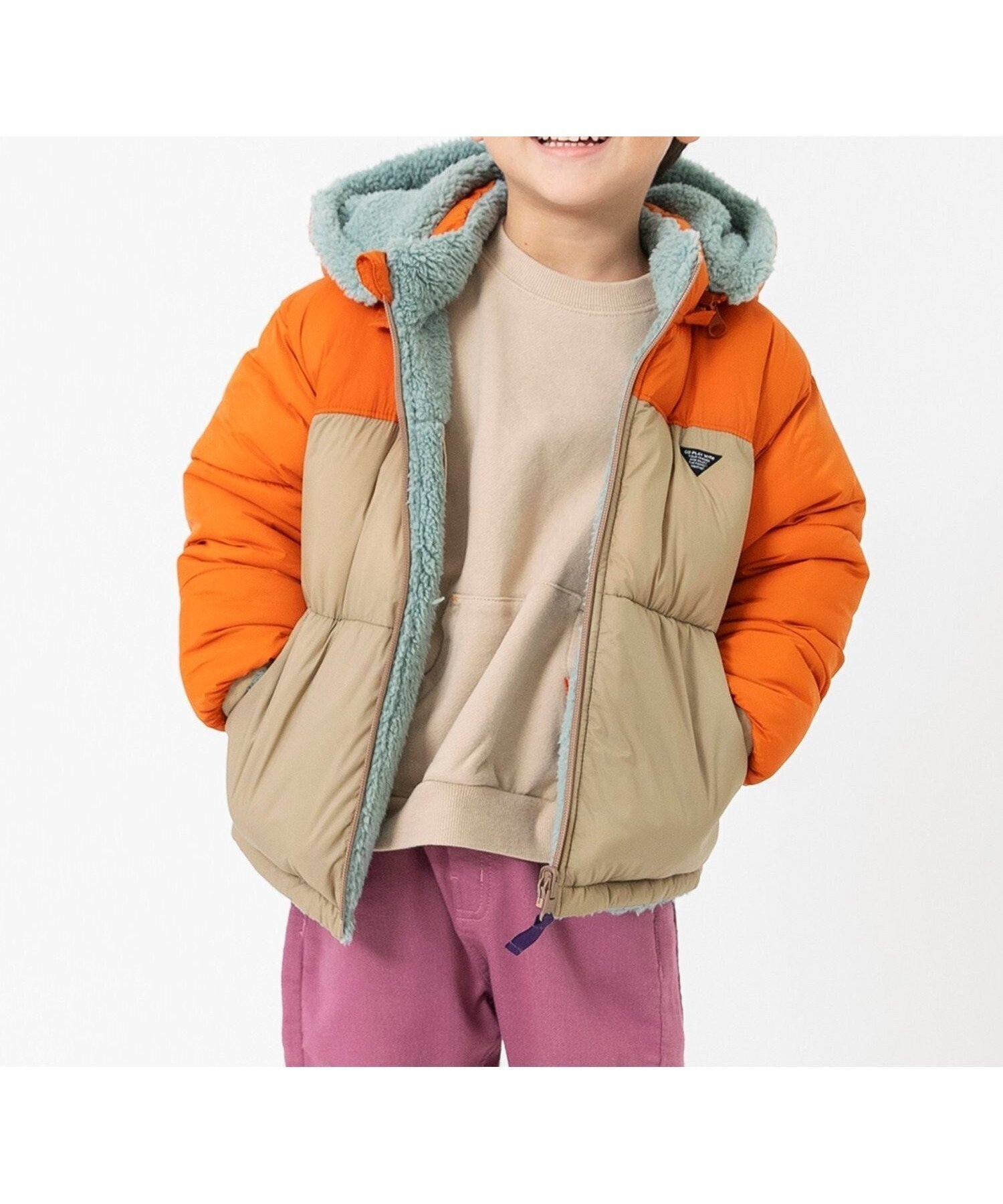 【エフオー オンラインストア/F.O.Online Store / KIDS】の中綿ボアリバーシブルブルゾン インテリア・キッズ・メンズ・レディースファッション・服の通販 founy(ファニー) 　ファッション　Fashion　キッズファッション　Fashion for Kids　シンプル　Simple, Minimal　タフタ　Taffeta, Structured Fabric　切替　Switching, Contrast Panel　無地　Plain, Solid Color　防寒　Cold Protection, Winter-Ready　オレンジ|ID: prp329100004690725 ipo3291000000034304194