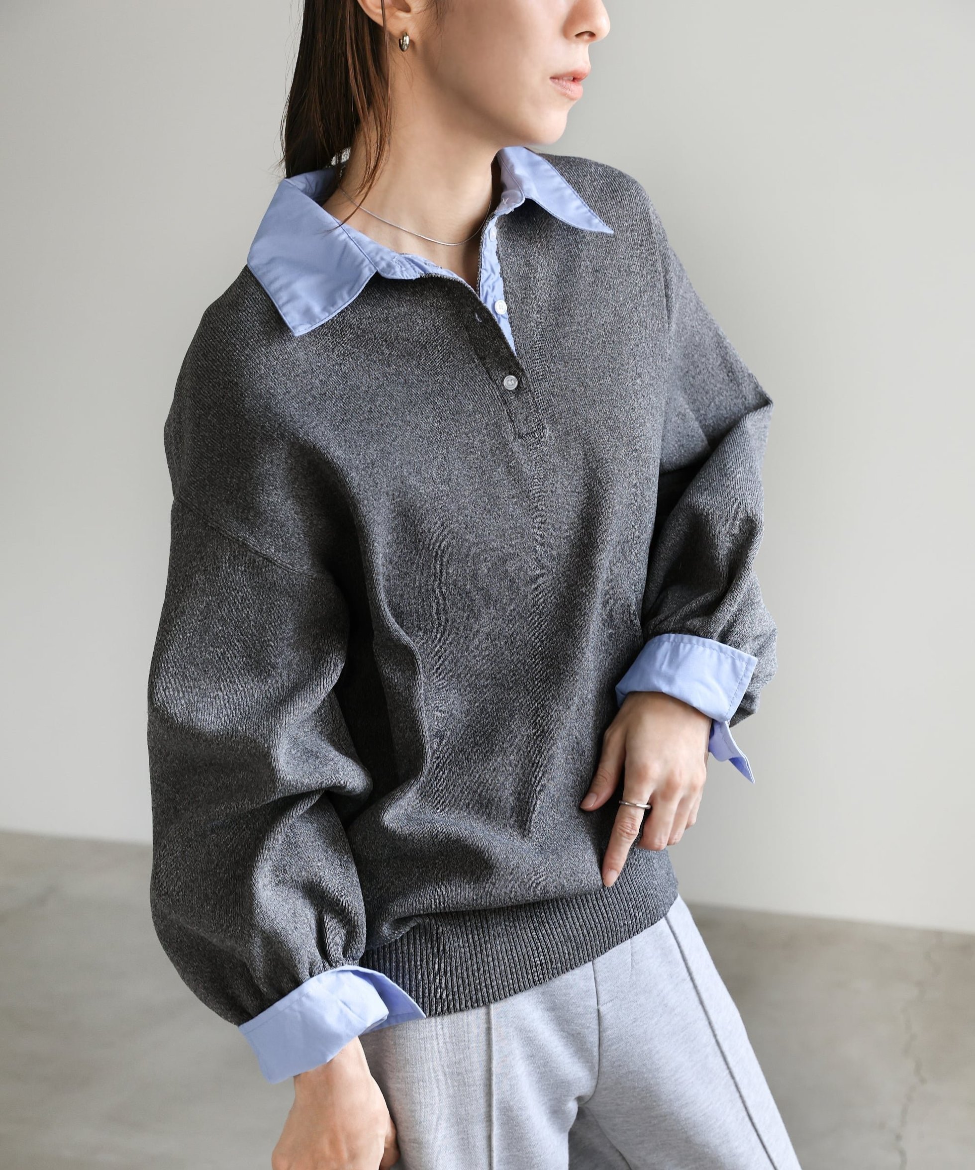 【セレクトモカ/SELECT MOCA】のシャツカラードッキングニット インテリア・キッズ・メンズ・レディースファッション・服の通販 founy(ファニー) 　ファッション　Fashion　レディースファッション　Fashion for Women　トップス・カットソー　Cut & Sew Tops　ニット　Knit Tops & Sweaters　シャツ・ブラウス・オフィスカジュアル　Elegant Blouses & Button-Ups　ショルダー　Shoulder, Shoulder Strap　スラックス　Slacks, Dress Pants　トレンド　Trend, Trending Now　ドッキング　Docking, Mixed Material　ドロップ　Drop Shoulder, Dropped Style　バランス　Balance, Style Balance　フロント　Front, Front Design　リラックス　Relax, Relaxed Fit　エレガント 上品　Elegant　チャコールグレー-920|ID: prp329100004691267 ipo3291000000033877256