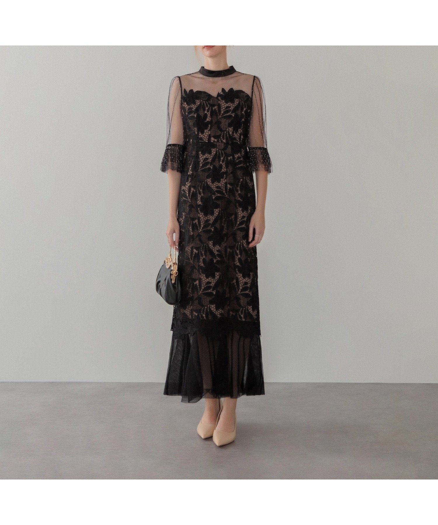 【レジャ/Leja】のLeja-フラワーレースドットストーンチュールIラインワンピースドレス結婚式 インテリア・キッズ・メンズ・レディースファッション・服の通販 founy(ファニー) 　ファッション　Fashion　レディースファッション　Fashion for Women　ワンピース　Dresses　フォーマル・パーティードレス・結婚式用ドレス　Elegant & Casual Dresses　ストーン　Stone, Gem-Like　チュール　Tulip, Tulip Motif　デコルテ　Décolleté, Neckline　フラワー　Flower, Floral　フリル　Frill, Ruffle　ミックス　Mix, Mixed Style　レース　Lace, Lace Fabric　エレガント 上品　Elegant　結婚式　Wedding　BLACK|ID: prp329100004692104 ipo3291000000033881571