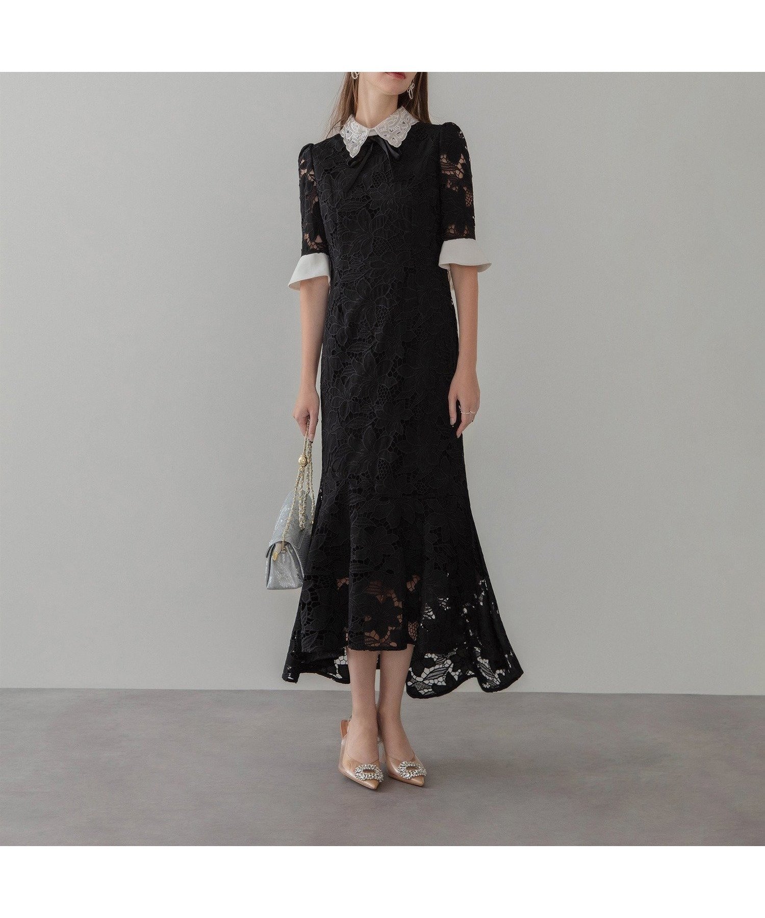 【レジャ/Leja】のLeja-パールカラーボウタイフラワーレースフィッシュテールワンピースドレス 人気、トレンドファッション・服の通販 founy(ファニー) 　ファッション　Fashion　レディースファッション　Fashion for Women　ワンピース　Dresses　フォーマル・パーティードレス・結婚式用ドレス　Elegant & Casual Dresses　クラシカル　Classical, Vintage-Inspired　ドレス　Dress, One-Piece　パール　Pearl, Pearl Accent　リボン　Ribbon, Bow　レース　Lace, Lace Fabric　エレガント 上品　Elegant　 other-1|ID: prp329100004692107 ipo3291000000033881579