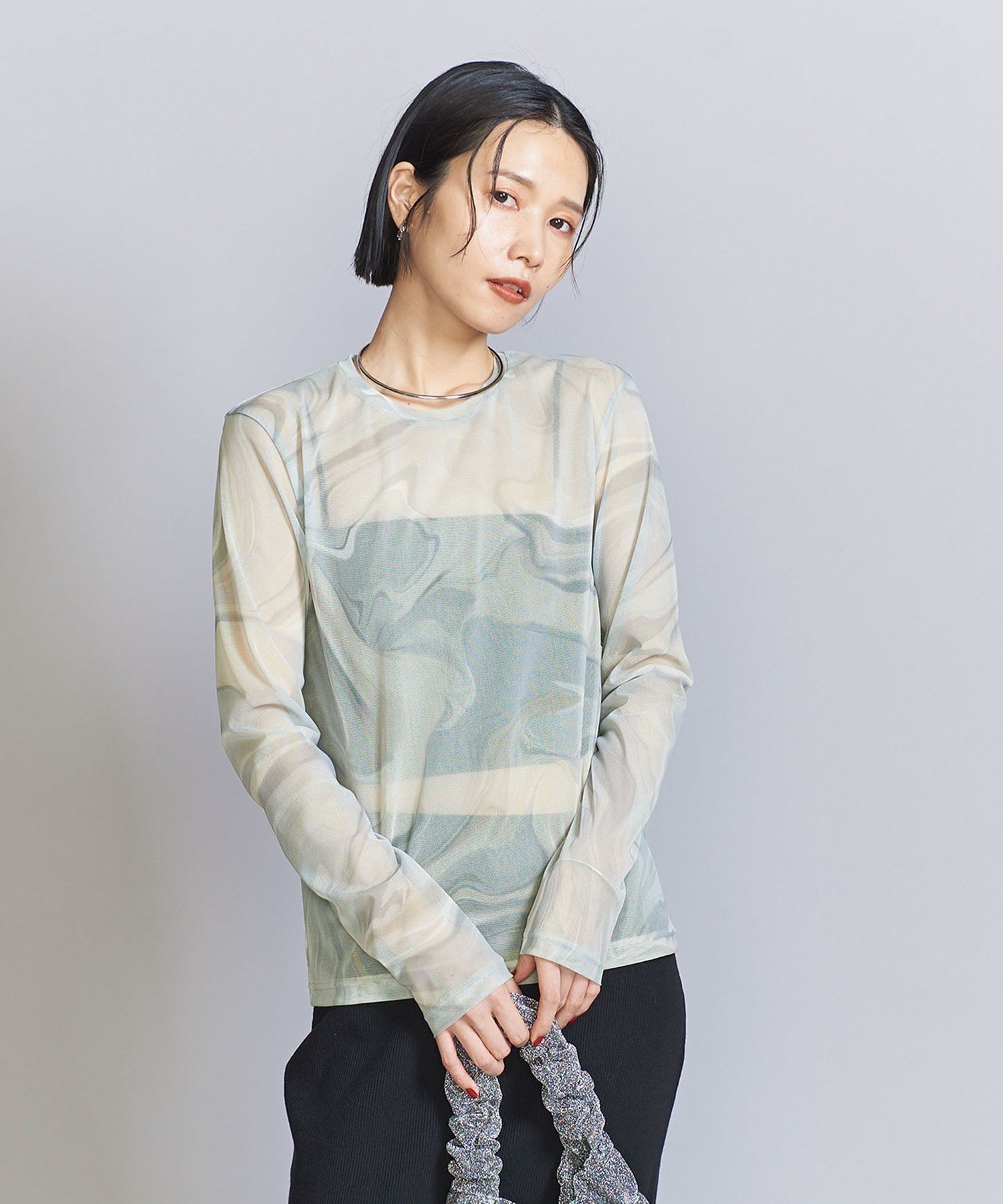 【ユナイテッドアローズ/UNITED ARROWS】のシアーマーブル クルーネック カットソー インテリア・キッズ・メンズ・レディースファッション・服の通販 founy(ファニー) 　ファッション　Fashion　レディースファッション　Fashion for Women　トップス・カットソー　Cut & Sew Tops　カットソー・ベーシックTシャツ　Cut-and-Sewn Tops / Stretch Tees & Basics　おすすめ　Recommended / Our Picks　インナー　Innerwear　カットソー　Cut and Sewn Top　シアー　Sheer, See-Through　チュール　Tulip, Tulip Motif　デニム　Denim, Jeans Material　フェミニン　Feminine, Girly　プリント　Print, Printed Pattern　マーブル　Marble, Marble Pattern　秋　Autumn　LT.GRAY|ID: prp329100004692342 ipo3291000000033882791