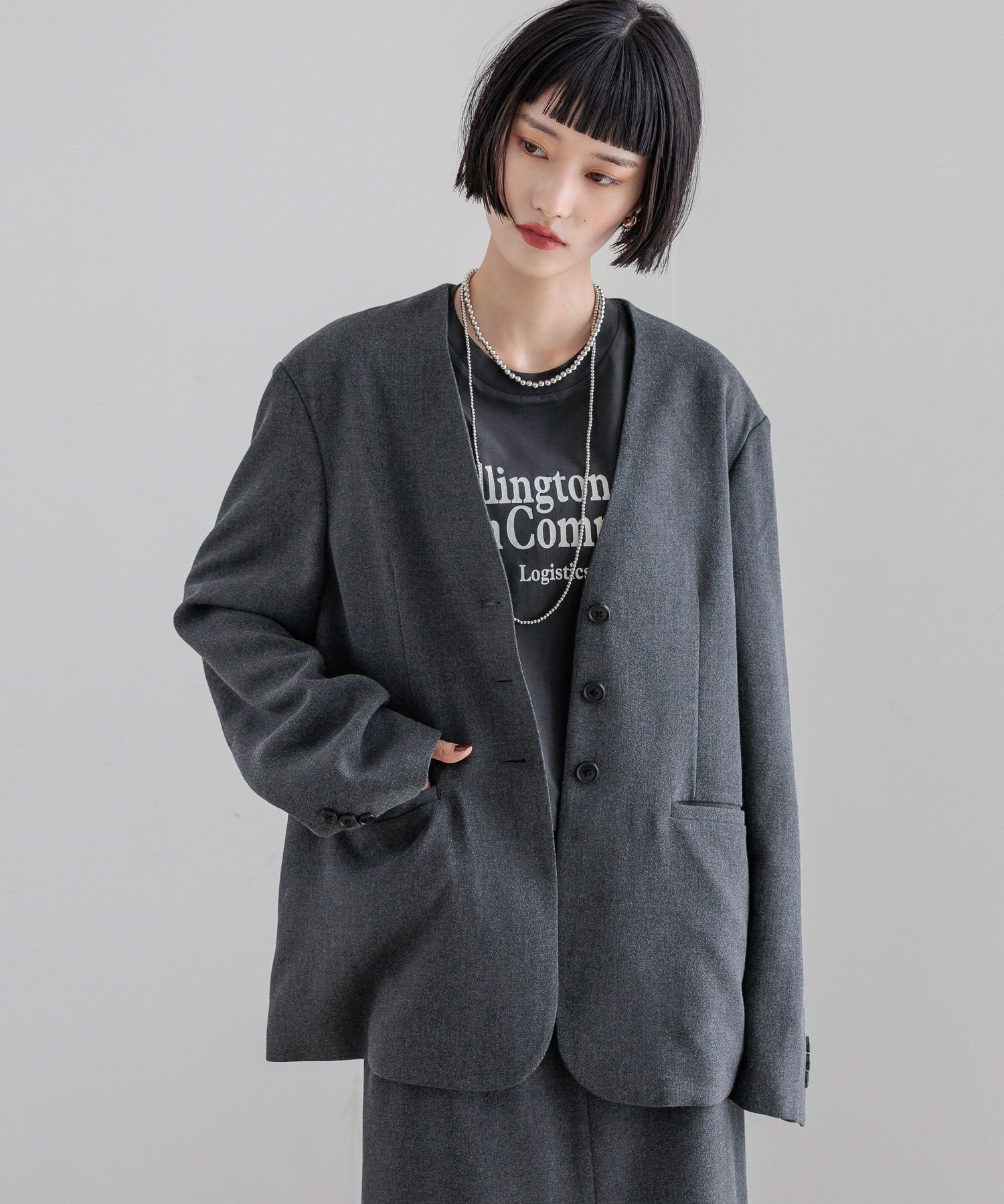 【ローリーズファーム/LOWRYS FARM】のTRノーカラージャケット インテリア・キッズ・メンズ・レディースファッション・服の通販 founy(ファニー) 　ファッション　Fashion　レディースファッション　Fashion for Women　アウター　Coat / Outerwear Collection　レディースジャケット・軽アウター　Jackets　ノーカラージャケット / シンプル上品コーデ　Collarless Jackets　おすすめ　Recommended / Our Picks　ジャケット　Jacket, Outerwear　セットアップ　Set-Up, Coordinated Outfit　デニム　Denim, Jeans Material　ボトム　Bottoms, Lower Wear　チャコールグレー|ID: prp329100004692373 ipo3291000000033882994