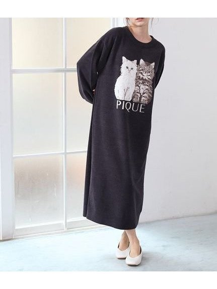 【ジェラート ピケ/gelato pique】のツインキャットジャガードワンピース インテリア・キッズ・メンズ・レディースファッション・服の通販 founy(ファニー) 　ファッション　Fashion　レディースファッション　Fashion for Women　ワンピース　Dresses　ショート　Short, Short Length　スマート　Smart, Elegant　スリーブ　Sleeve, Long Sleeve / Short Sleeve　ブランケット　Blanket, Throw Blanket　リラックス　Relax, Relaxed Fit　人気　Popular, Best Seller　猫　Cat, Kitty　秋　Autumn　NVY[089]|ID: prp329100004692382 ipo3291000000034033517