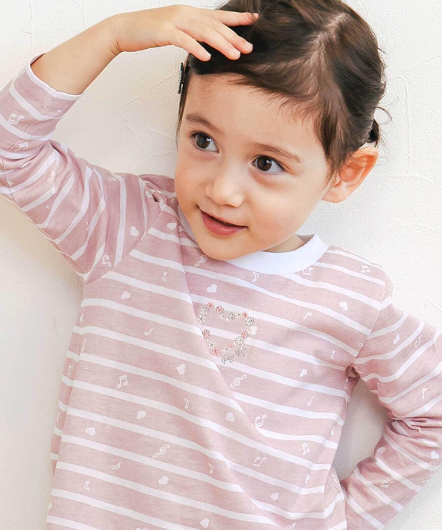 【ベベ オンライン ストア/BEBE ONLINE STORE / KIDS】の【スララク/防汚加工/オーガニックコットン】ときめき女の子長袖Tシャツ(80~130cm) インテリア・キッズ・メンズ・レディースファッション・服の通販 founy(ファニー) 　ファッション　Fashion　キッズファッション　Fashion for Kids　アンダー　Underwear Essentials　イエロー　Yellow　チェリー　Cherry, Cherry Pattern　人気　Popular, Best Seller　猫　Cat, Kitty　長袖　Long Sleeve, Full Sleeve　パープル　Purple, Violet　フリル　Frill, Ruffle　フレンチ　French, French Style　フロント　Front, Front Design　プリント　Print, Printed Pattern　ボーダー　Border, Stripe　モチーフ　Motif, Design Theme　A/W・秋冬　Autumn/Winter　犬　Dog　エレガント 上品　Elegant　2025年　2025　2025-2026秋冬・A/W　Autumn/Winter 2025–26 AW25–26　ドレミピンクボーダー×花ししゅう|ID: prp329100004692526 ipo3291000000033883842