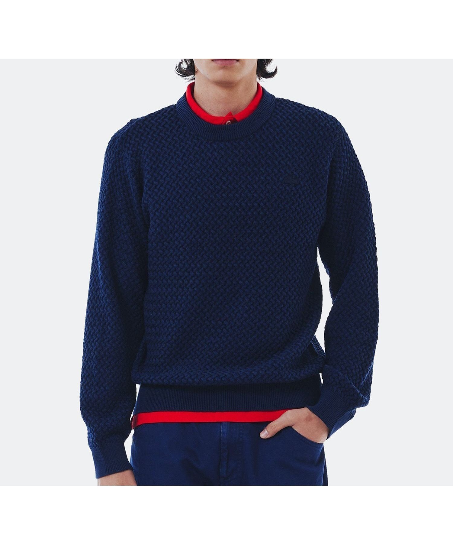 【ラコステ/LACOSTE / MEN】のローゲージ バスケット編み ニットクルーネックセーター インテリア・キッズ・メンズ・レディースファッション・服の通販 founy(ファニー) 　ファッション　Fashion　メンズファッション　Fashion for Men　ストライプ　Stripe, Striped Pattern　セーター　Sweater, Knitwear　バスケット　Basket, Basket Bag　ネイビー|ID: prp329100004693437 ipo3291000000033888998