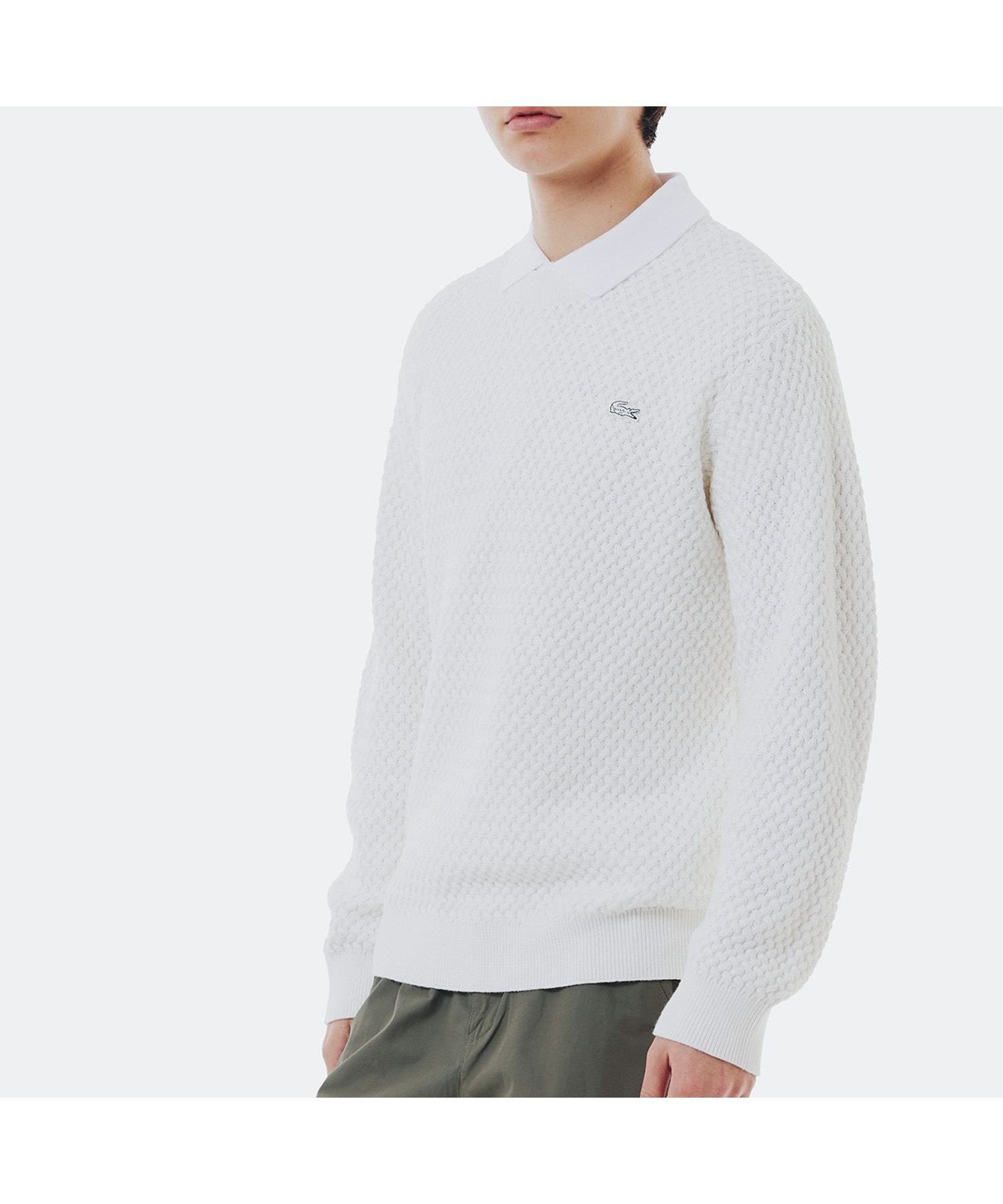 【ラコステ/LACOSTE / MEN】のローゲージ バスケット編み ニットクルーネックセーター インテリア・キッズ・メンズ・レディースファッション・服の通販 founy(ファニー) 　ファッション　Fashion　メンズファッション　Fashion for Men　ストライプ　Stripe, Striped Pattern　セーター　Sweater, Knitwear　バスケット　Basket, Basket Bag　ホワイト|ID: prp329100004693437 ipo3291000000033889006