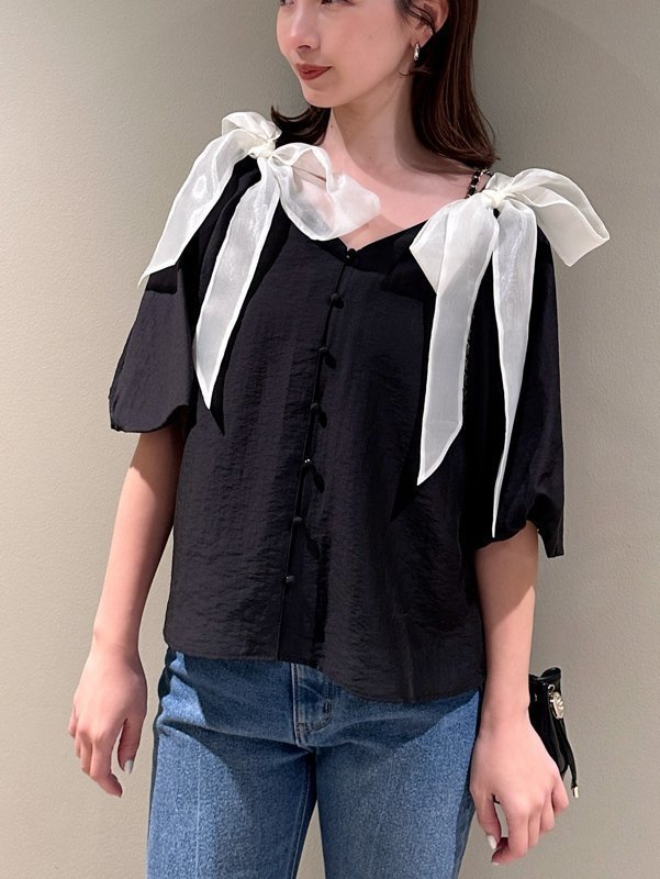 【スナイデル/SNIDEL】のリボンパフブラウス インテリア・キッズ・メンズ・レディースファッション・服の通販 founy(ファニー) 　ファッション　Fashion　レディースファッション　Fashion for Women　トップス・カットソー　Cut & Sew Tops　シャツ・ブラウス・オフィスカジュアル　Elegant Blouses & Button-Ups　インナー　Innerwear　オーガンジー　Organza Fabric　キャミソール　Camisole, Spaghetti Strap Top　スリーブ　Sleeve, Long Sleeve / Short Sleeve　チュール　Tulip, Tulip Motif　デコルテ　Décolleté, Neckline　フロント　Front, Front Design　リボン　Ribbon, Bow　春　Spring　MIX[930]|ID: prp329100004693455 ipo3291000000033889150
