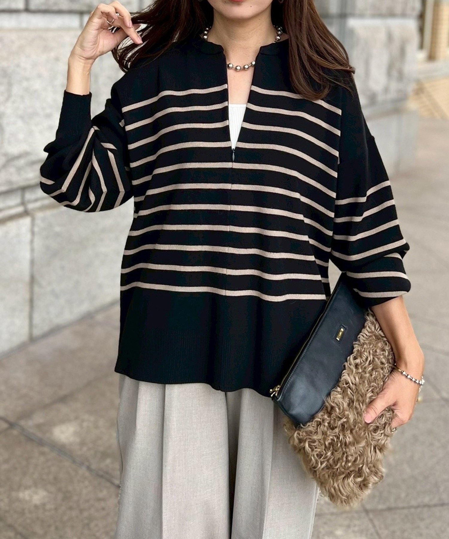 【スタイルドア/STYLEDOOR】のフロント2wayニットプルオーバー インテリア・キッズ・メンズ・レディースファッション・服の通販 founy(ファニー) 　ファッション　Fashion　レディースファッション　Fashion for Women　トップス・カットソー　Cut & Sew Tops　ニット　Knit Tops & Sweaters　カジュアルプルオーバー・ニットトップス　Pullovers & Knit Tops / Casual Pullovers　インナー　Innerwear　キャミソール　Camisole, Spaghetti Strap Top　クール　Cool, Chic　サテン　Satin, Glossy Fabric　シンプル　Simple, Minimal　タンク　Tank Top, Sleeveless Top　タートル　Turtleneck, Turtle Collar　デニム　Denim, Jeans Material　フロント　Front, Front Design　ベーシック　Basic, Essential　ボトム　Bottoms, Lower Wear　ボーダー　Border, Stripe　無地　Plain, Solid Color　ワイド　Wide, Wide Fit　ブラック柄2|ID: prp329100004693469 ipo3291000000034030244